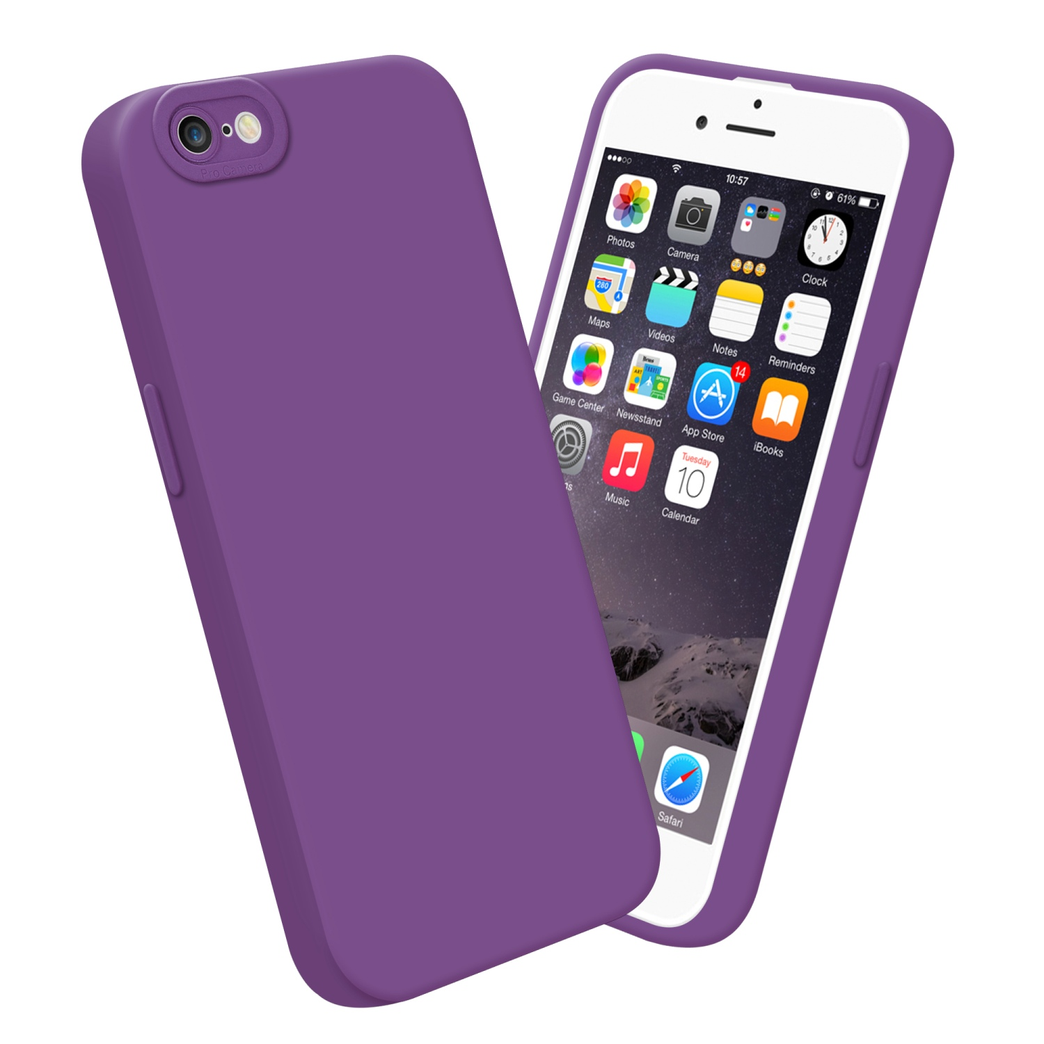 Custodia viola e telefono con schermo su sfondo bianco.
