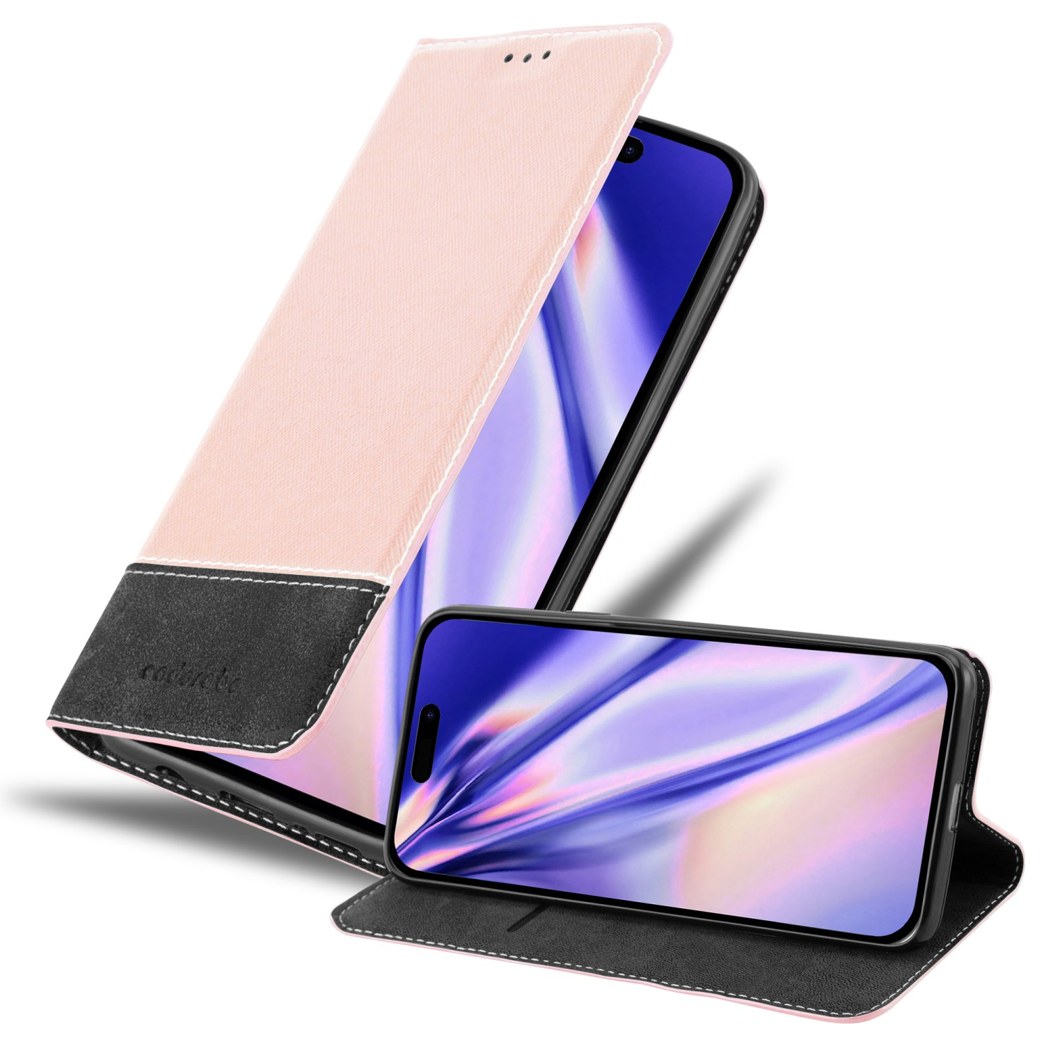 Rosa Handyhülle mit schwarzer Basis, die ein Handy hält. Das Handy zeigt ein farbenfrohes Bild.