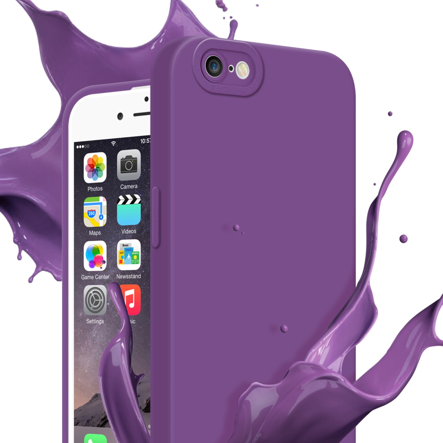 Custodia viola con telefono e schizzi di vernice. La custodia ha un ritaglio per la fotocamera.