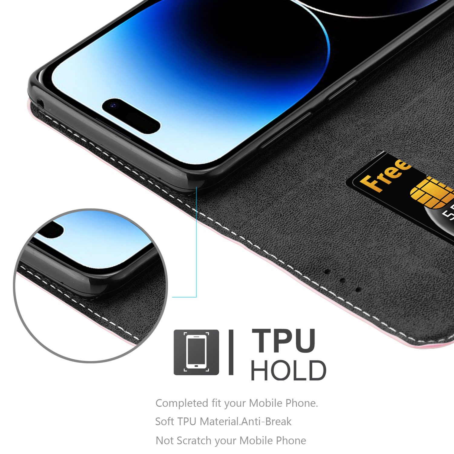 Nahaufnahme einer Handyhülle mit Telefon. Mit Kartenfach und weißen Nähten.