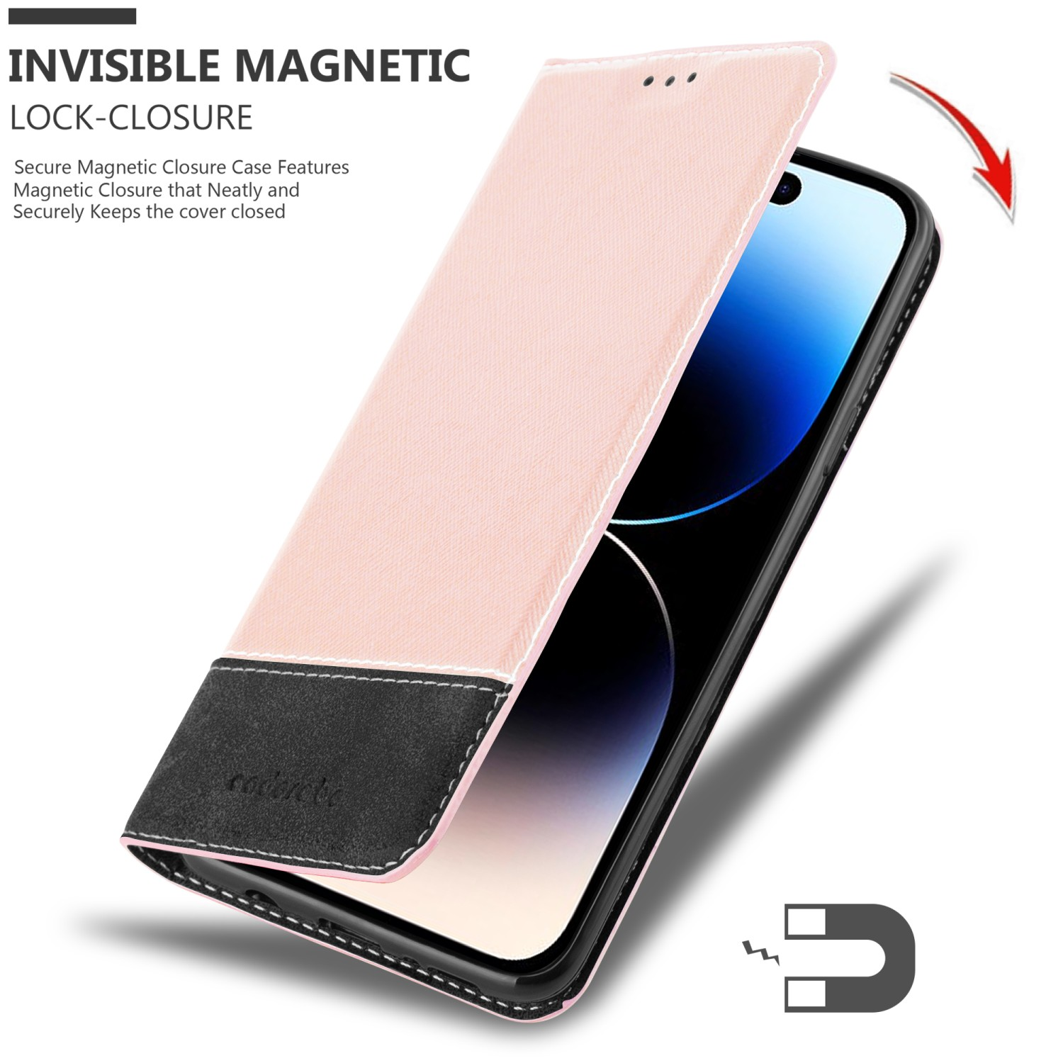 Rosa Handyhülle mit schwarzen Details und Magnetverschluss, mit Telefon darin.