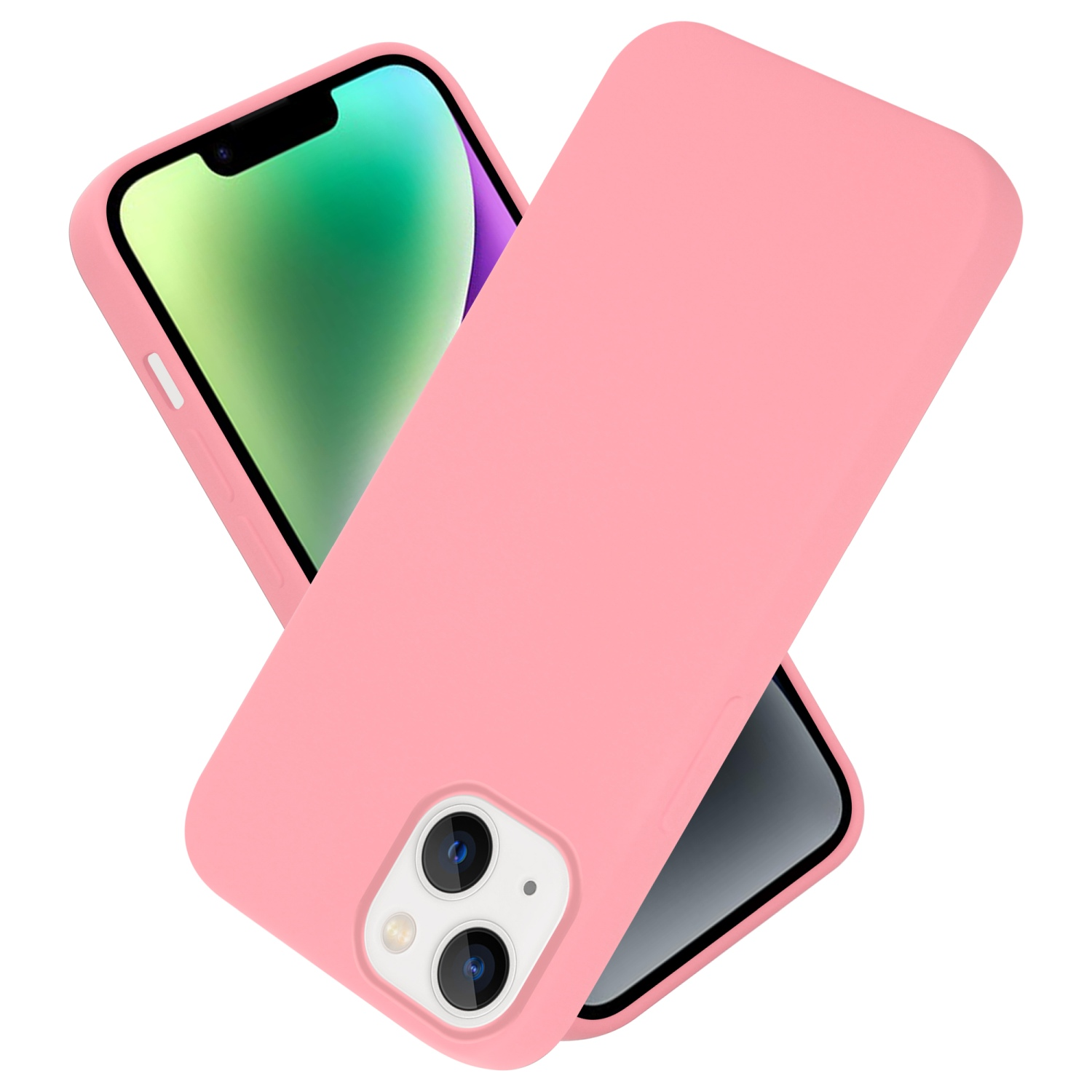 Rosa Handyhülle und Telefon mit lila Bildschirm. Die Hülle bedeckt die Rückseite.