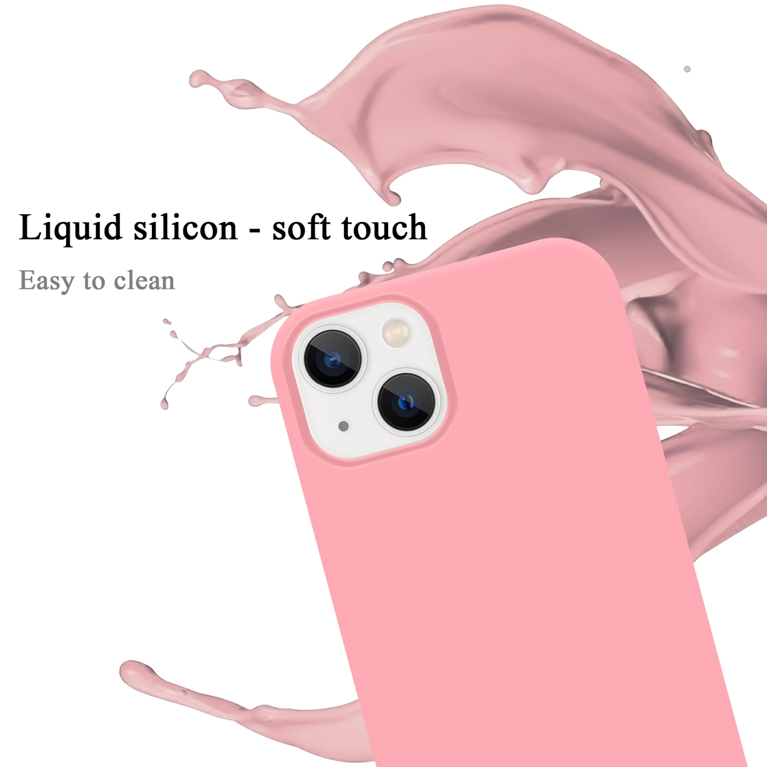 Rosa Handyhülle mit Telefon. Rosa Spritzer umgeben die Hülle.