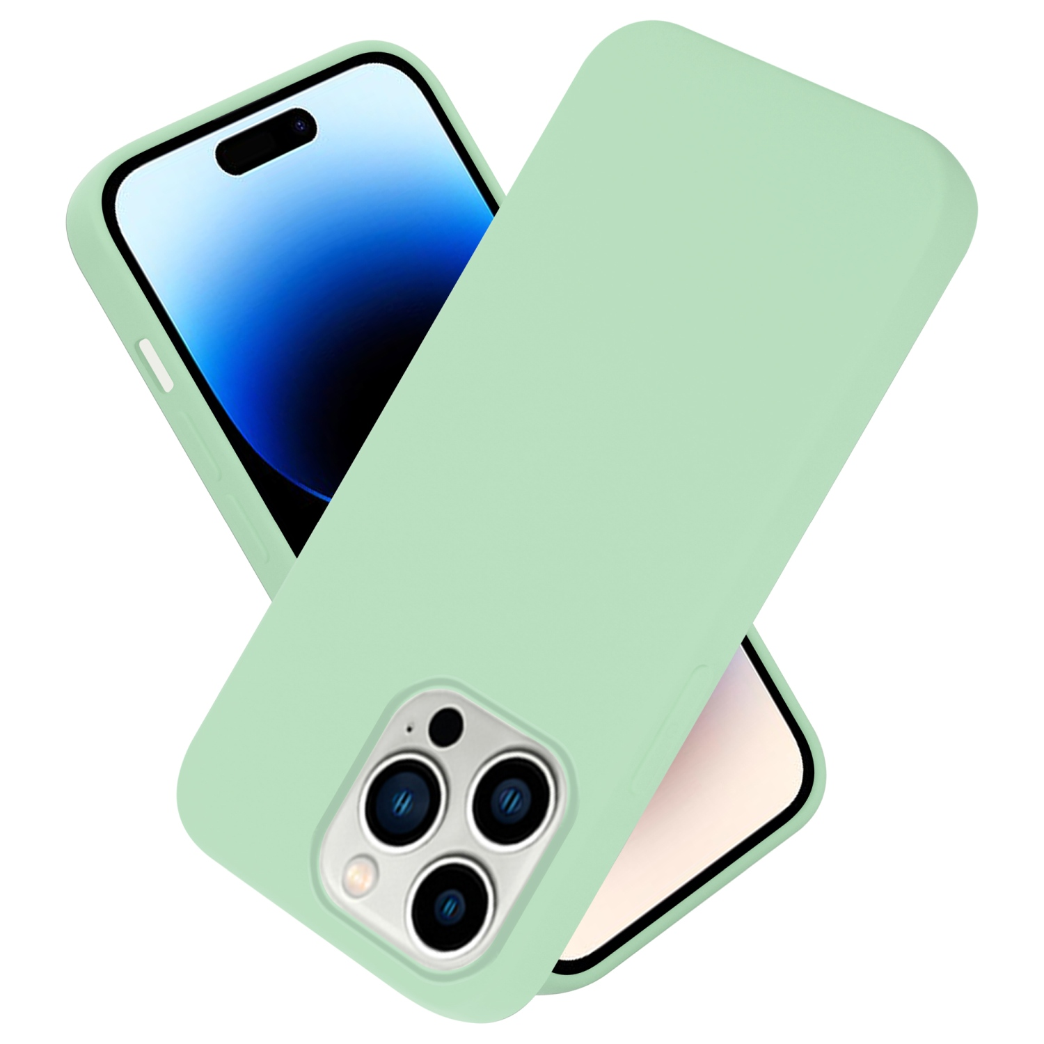 Hellgrüne Handyhülle und Telefon zusammen auf weißem Hintergrund. Telefon zeigt Bildschirm.