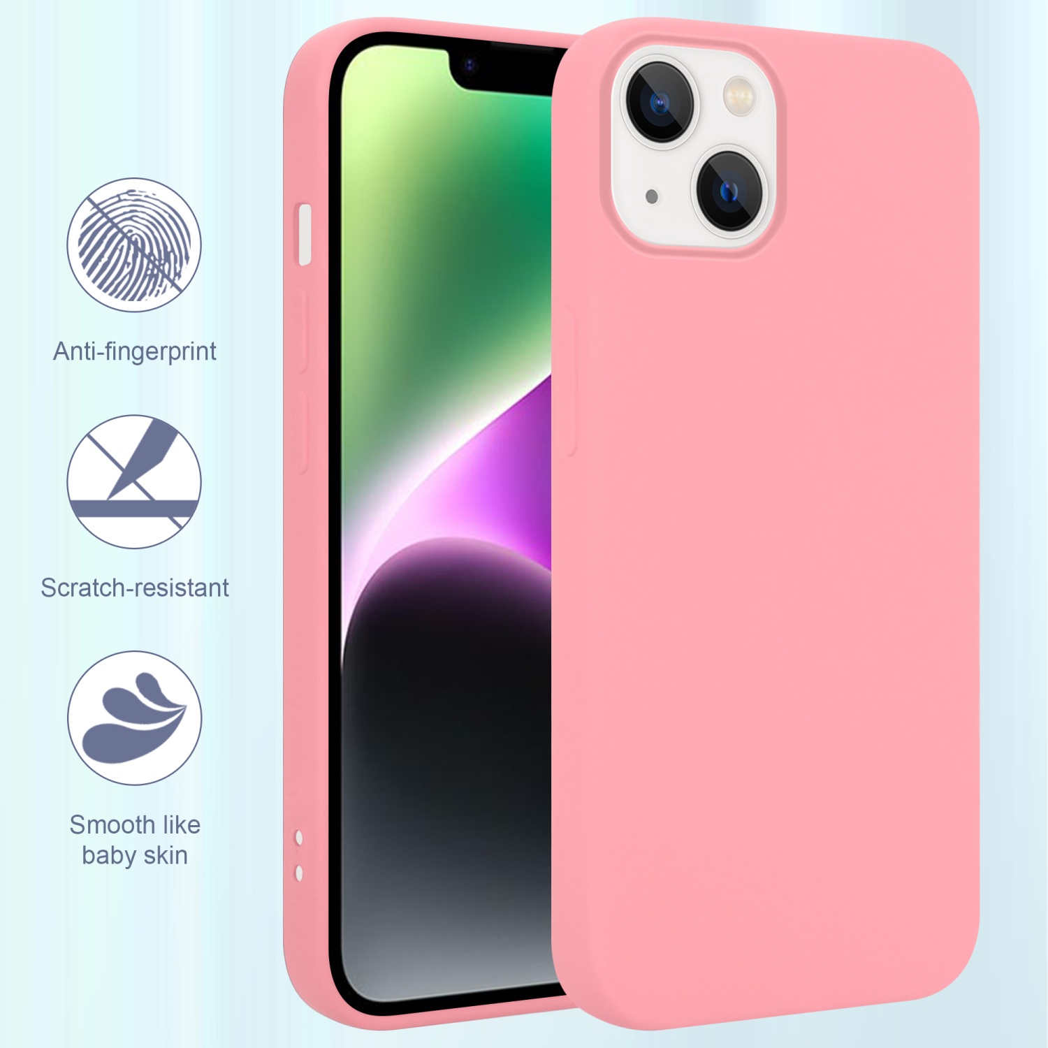 Eine rosa Handyhülle mit dem Telefon. Die Hülle hat 3 Funktionen: Anti-Fingerabdruck, kratzfest und glatt.