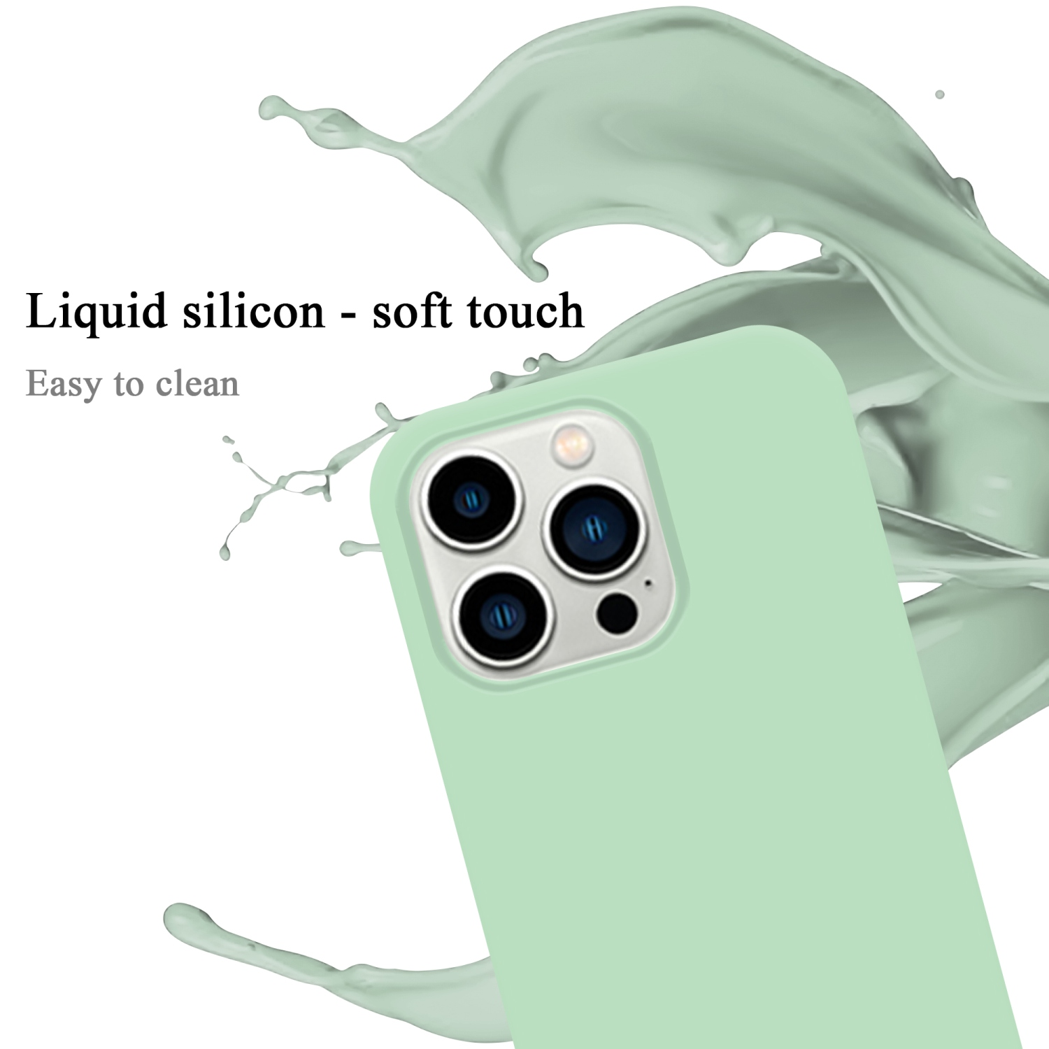Nahaufnahme eines mintgrünen Telefons mit Kamera. Flüssiges Silikon, Soft-Touch.