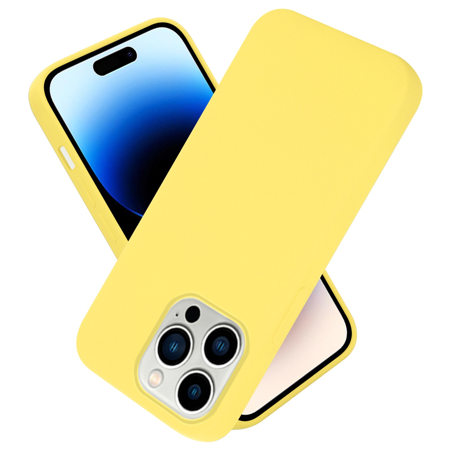 Gelbe Handyhülle und Telefon mit blauem Bildschirm. Die Hülle bedeckt die Rückseite.