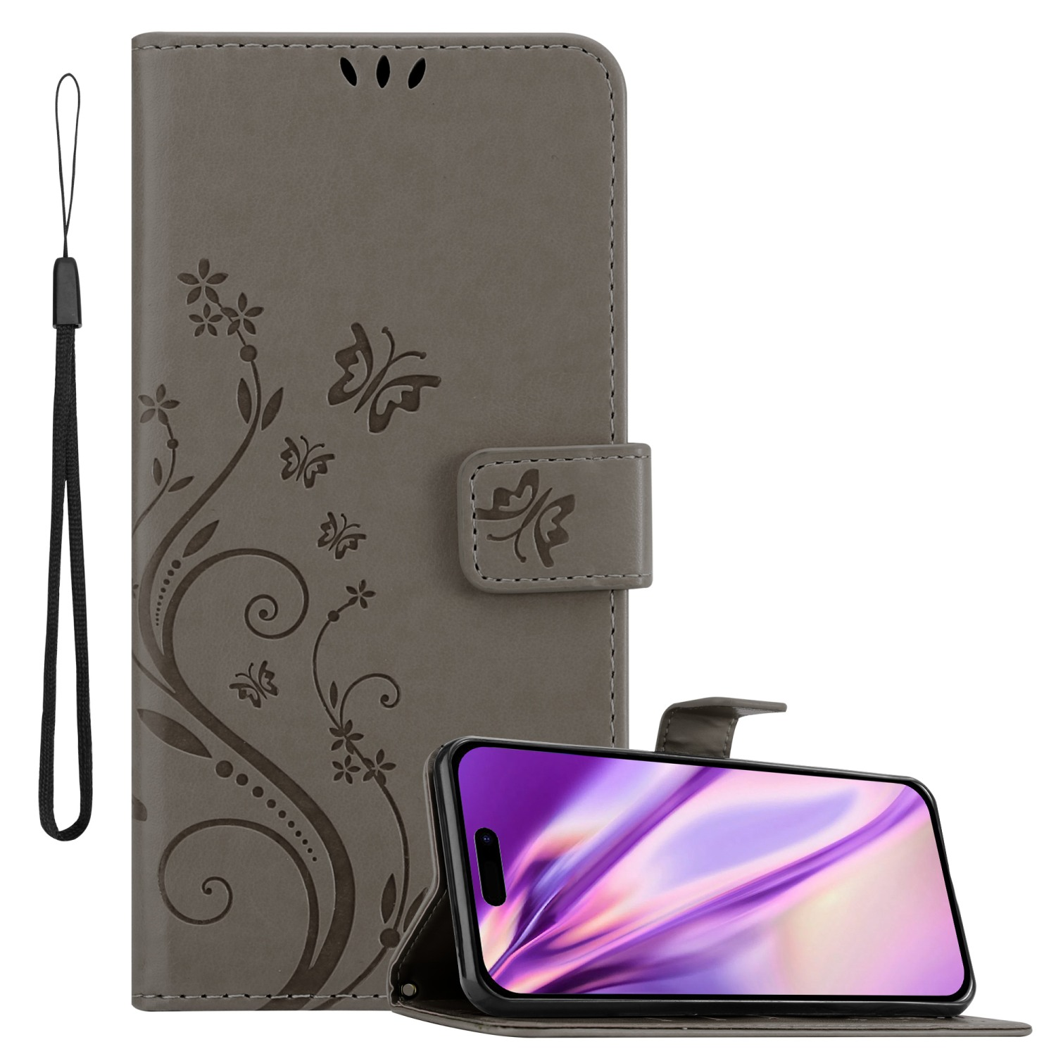 Graue Handyhülle und Handy. Hülle ist offen. Handy hat lila Bildschirm. Hülle mit Schmetterlingsdesign.