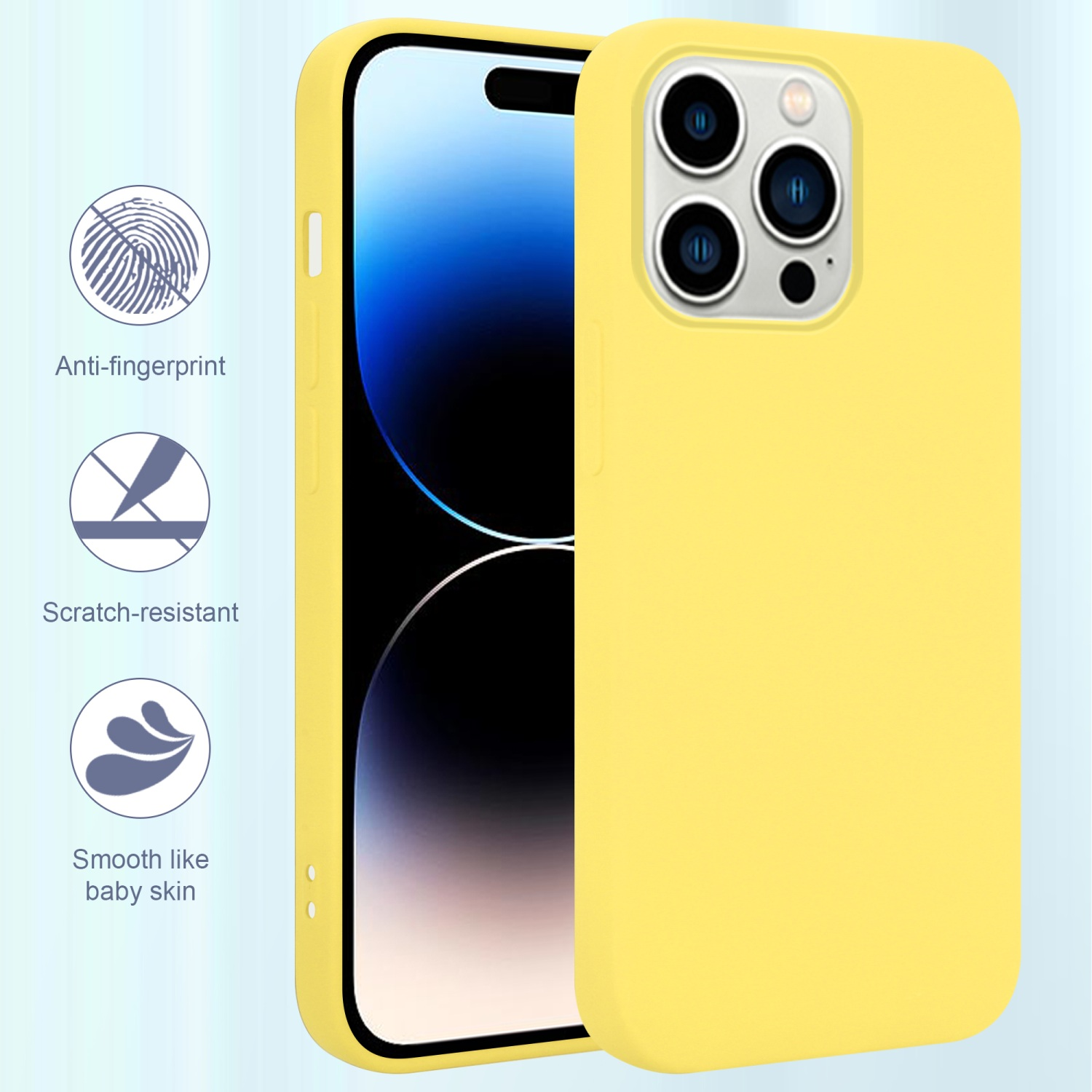 Gelbe Handyhülle mit Telefon, Anti-Fingerprint- und kratzfeste Eigenschaften.