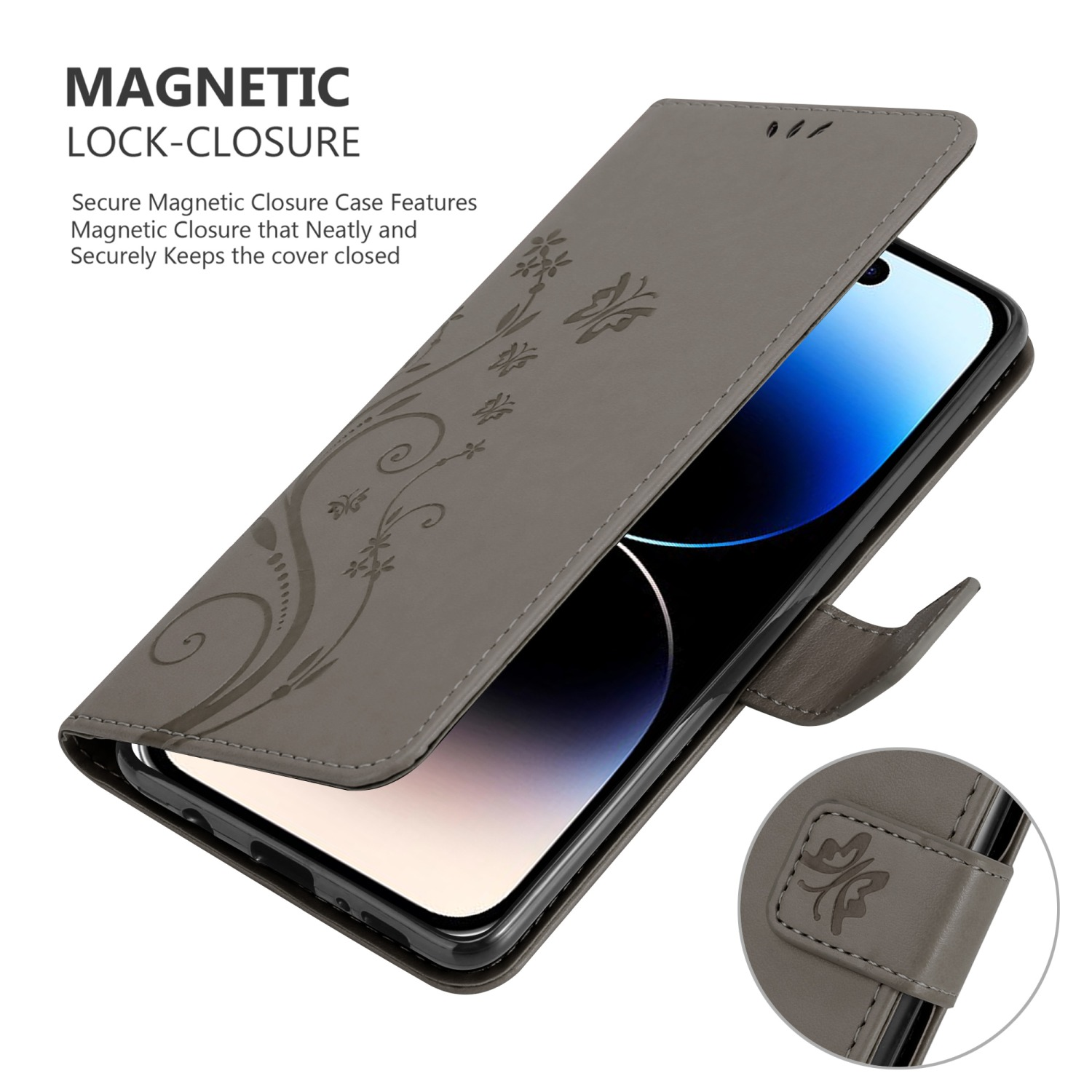 Eine graue Handyhülle ist geöffnet und zeigt einen Telefonbildschirm. Blumendesign und Magnetverschluss sind sichtbar.