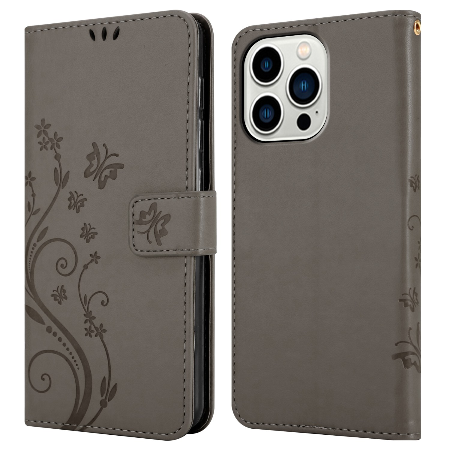 Graue Leder-Handyhülle mit Blumenmuster. Abdeckung offen, Telefon sichtbar.