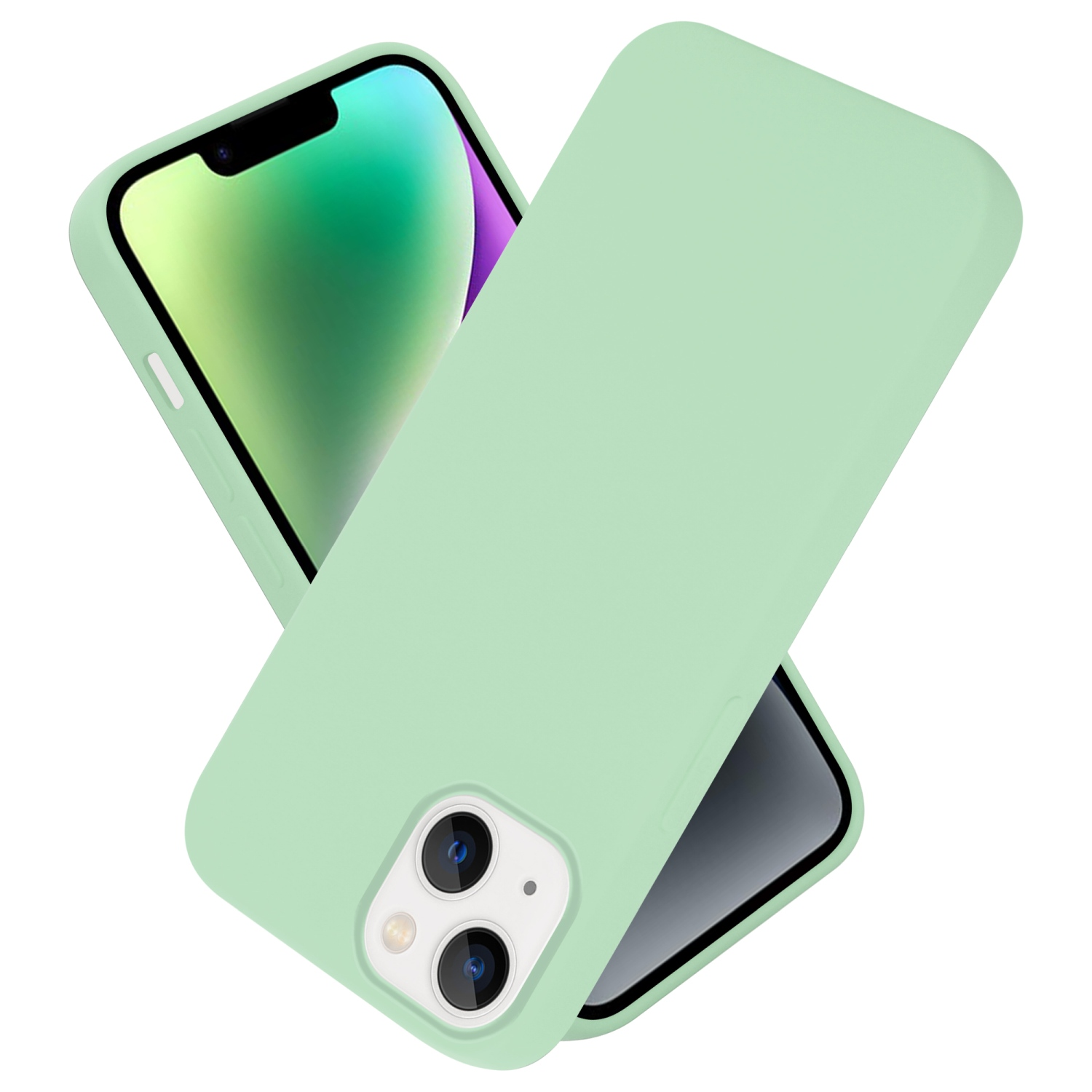 Zwei hellgrüne Handyhüllen mit Telefon. Weißer Hintergrund.
