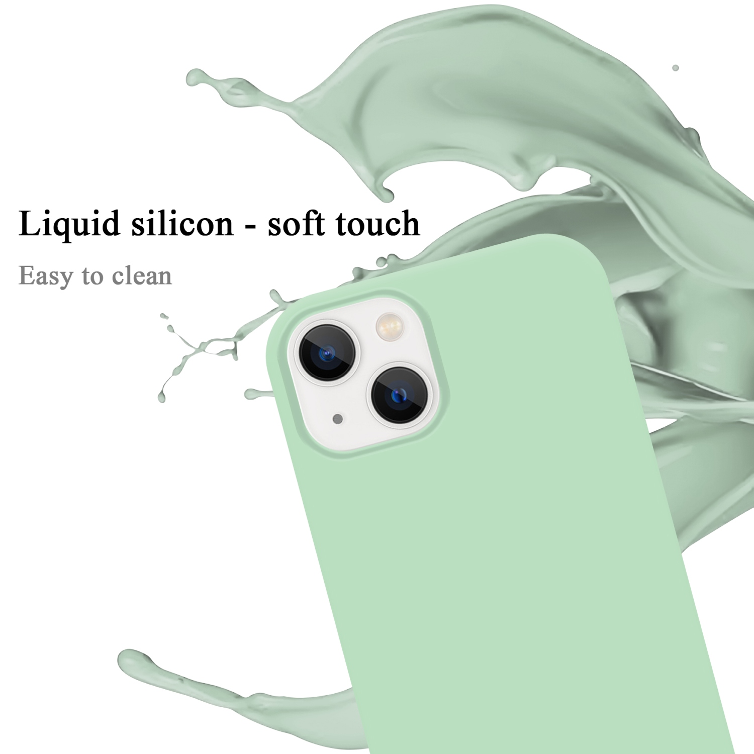 Grüne Handyhülle mit Handy; Spritzer grüner Flüssigkeit.