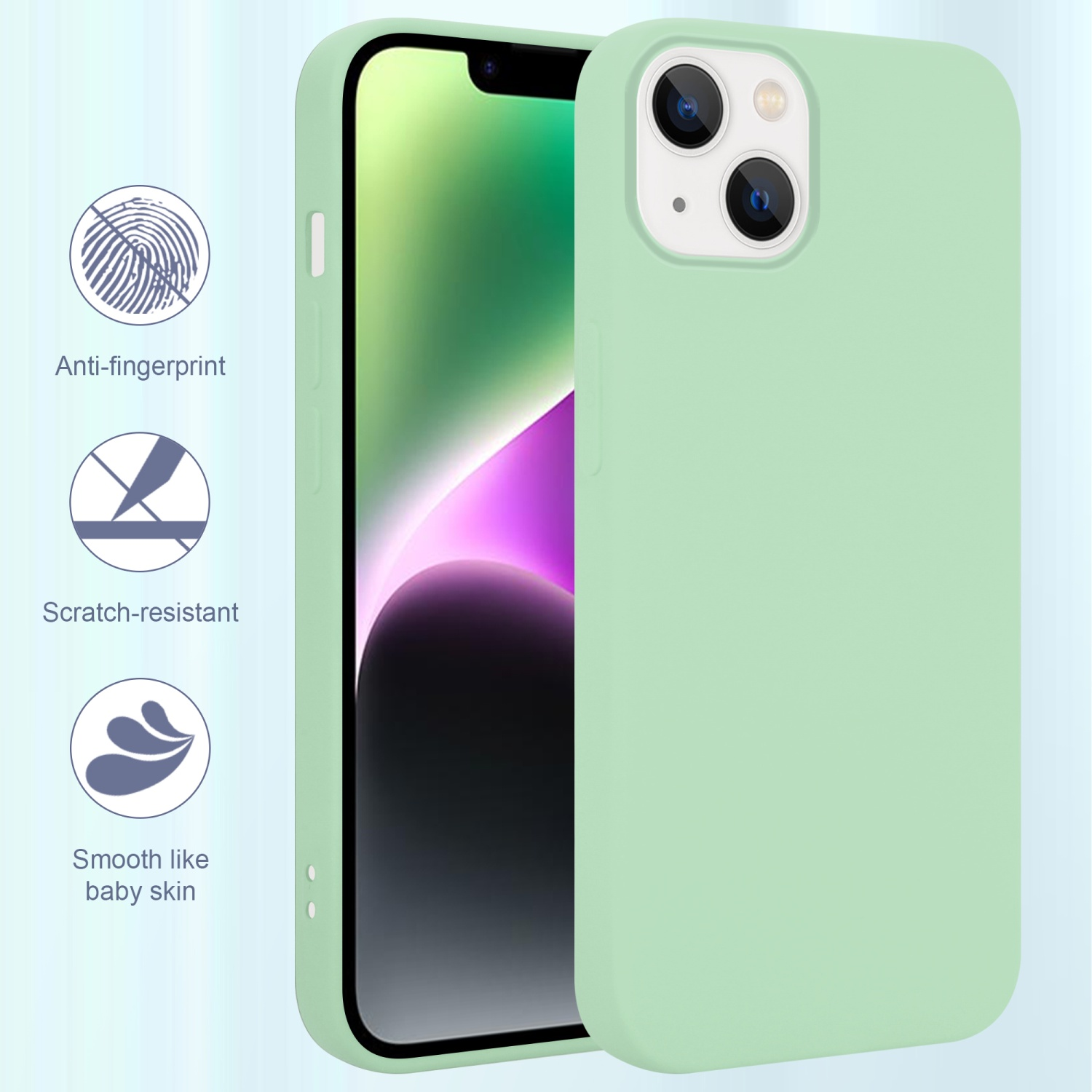 Eine mintgrüne Handyhülle mit einem Telefon darin, mit Anti-Fingerabdruck- und kratzfesten Eigenschaften.