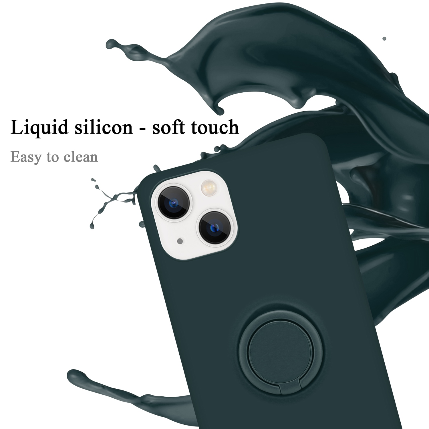 Ein Telefon mit dunkelgrüner Hülle, Ringhalter und einem Spritzer grüner Flüssigkeit.