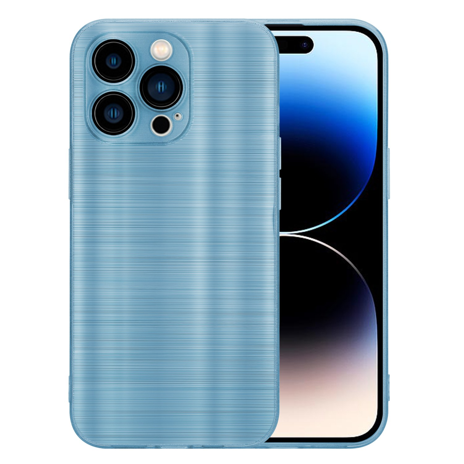 Eine hellblaue Handyhülle mit strukturierter Oberfläche liegt neben einem Telefon.