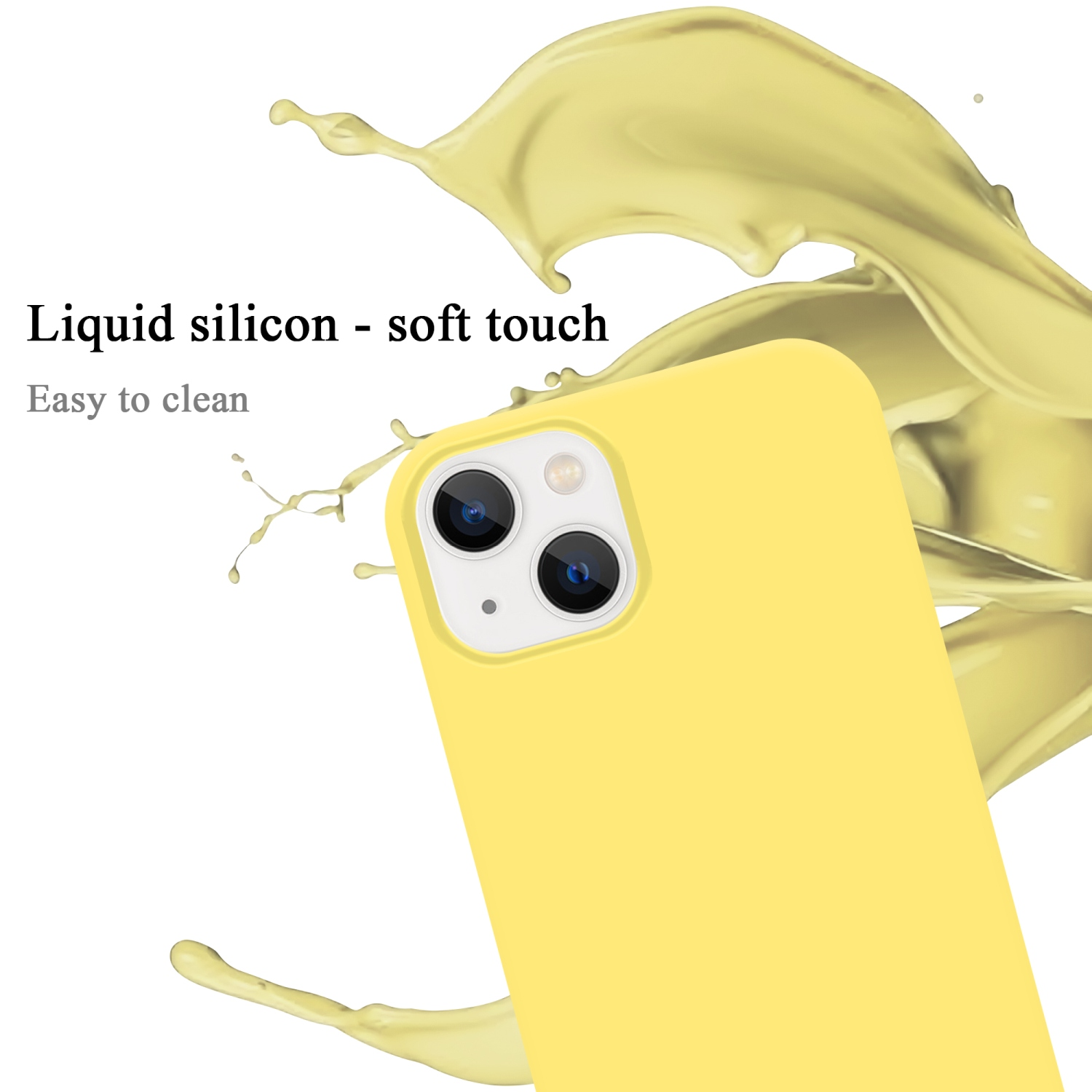 Eine gelbe Handyhülle mit flüssiger Silikonstruktur. Der Hintergrund zeigt gelbe Flüssigkeitsspritzer.