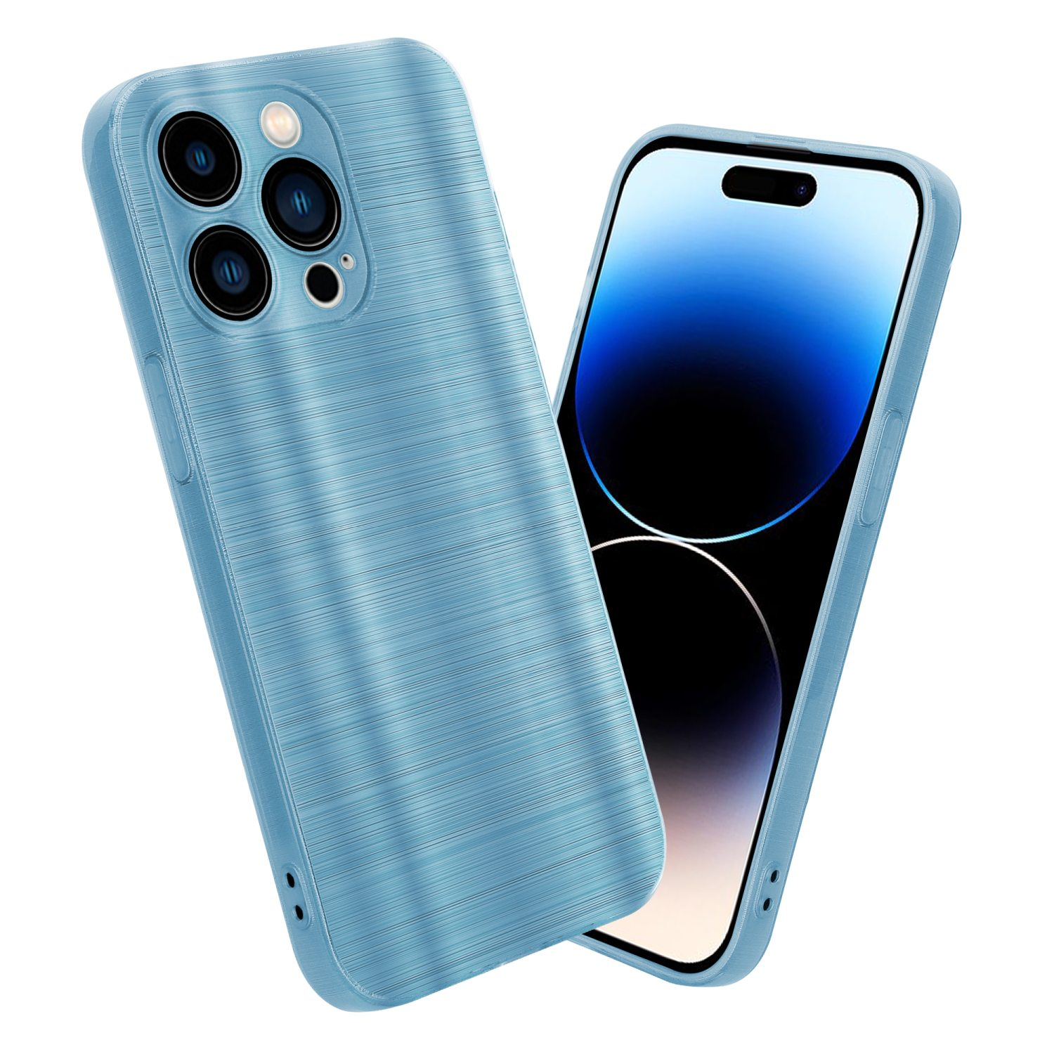 Blaue Handyhülle mit Metalltextur und Telefon mit blauem Display, vor weißem Hintergrund.