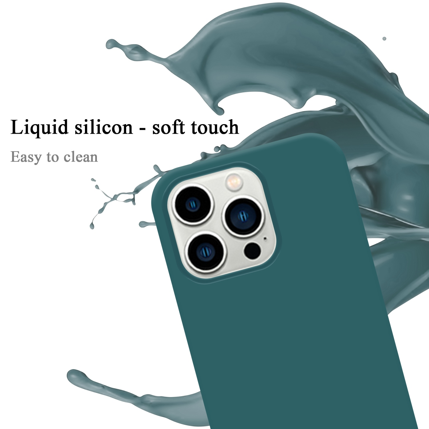 Eine teal Handyhülle mit einem Spritzer teal Flüssigkeit. Text: Flüssigsilikon - weicher Griff.