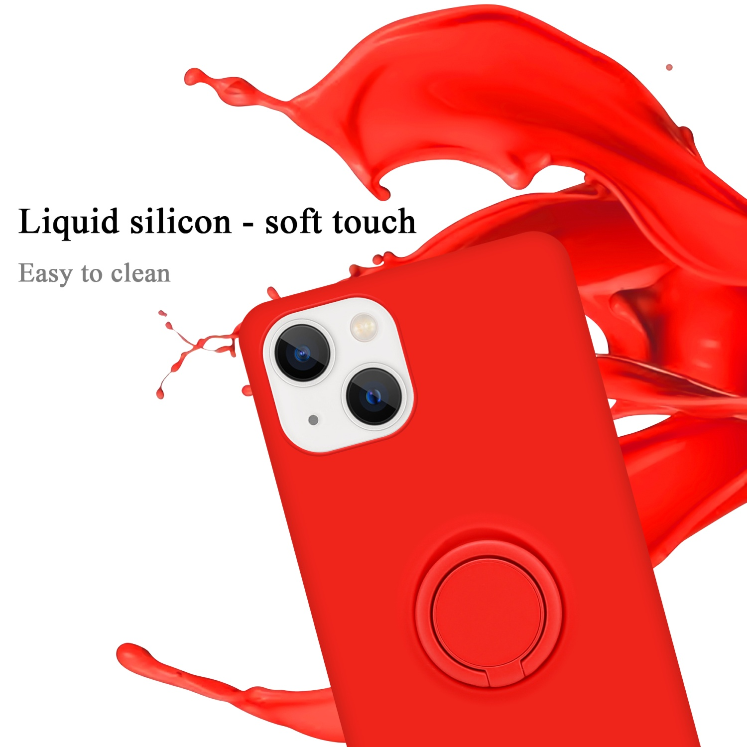 Rote Handyhülle mit Ringhalter und dem Text Flüssigsilikon - Soft-Touch.