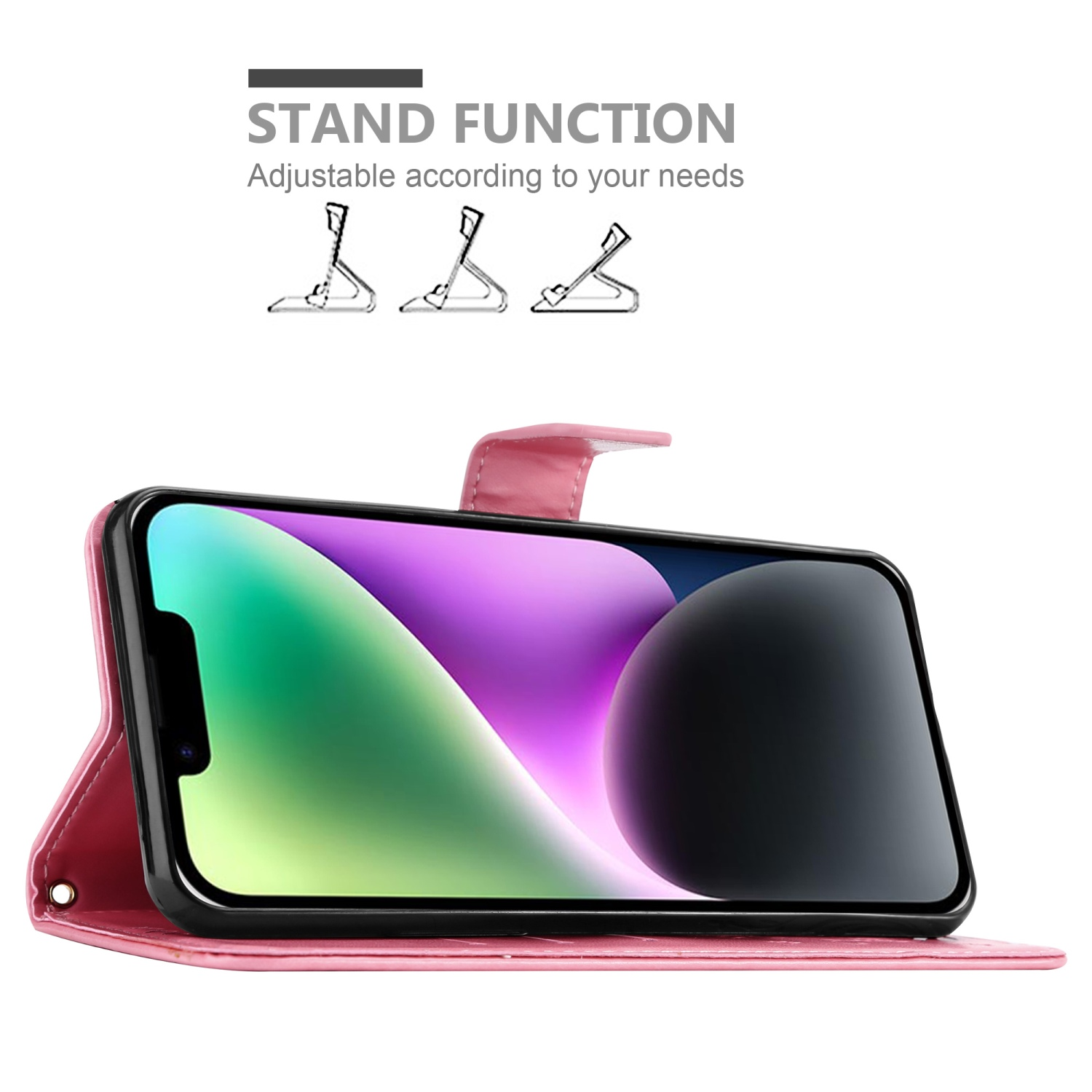 Rosa Handyhülle im Brieftaschenstil, zeigt einen Telefonbildschirm. Die Stützfunktion ist oben dargestellt.