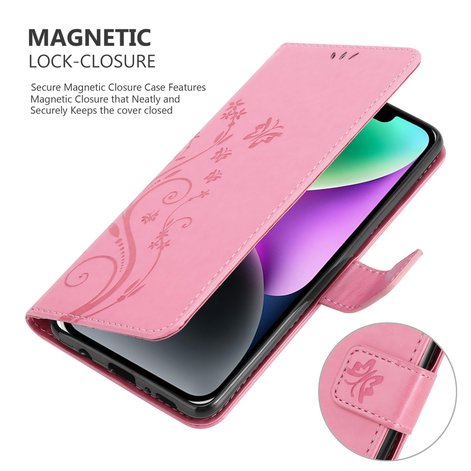 Rosafarbene Handyhülle offen, Telefon zeigend. Blumendesign, Magnetverschluss.