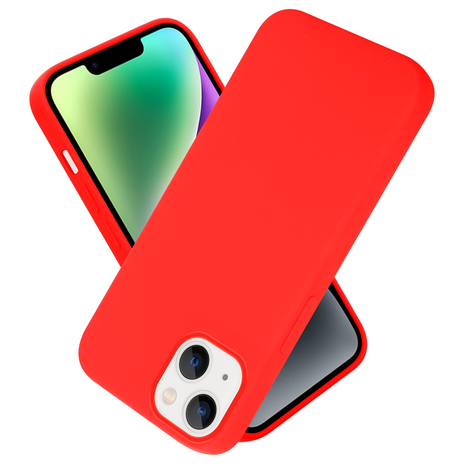 Zwei Telefone: eins mit roter Hülle, das andere zeigt einen Bildschirm. Weißer Hintergrund.