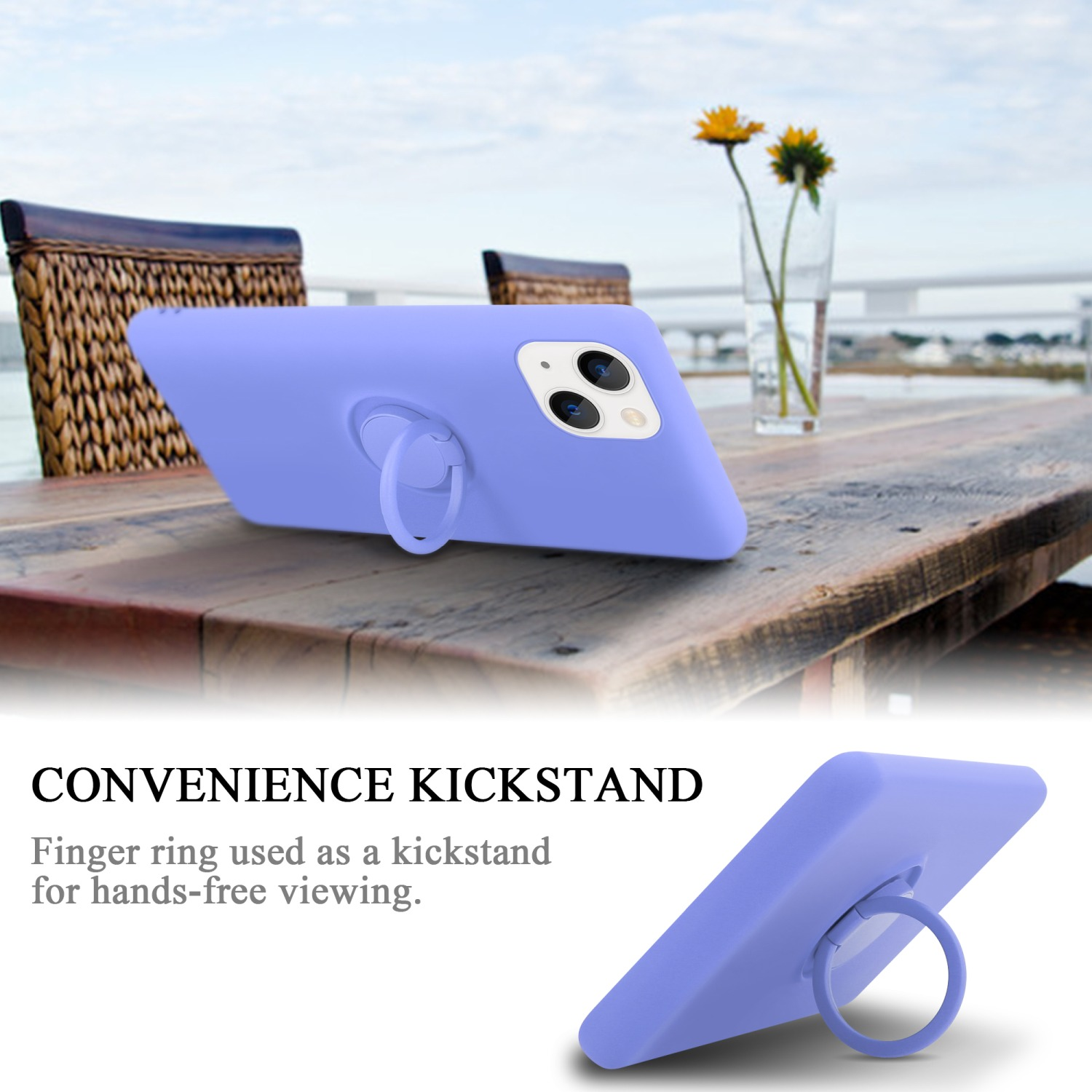 Eine lila Handyhülle mit einem Ring-Kickstand. Das Telefon liegt auf einem Tisch im Sonnenlicht.