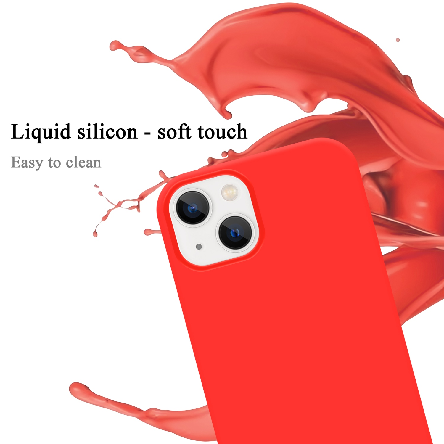 Rote Handyhülle mit Flüssigsilikon-Text und Spritzeffekt auf weißem Hintergrund.
