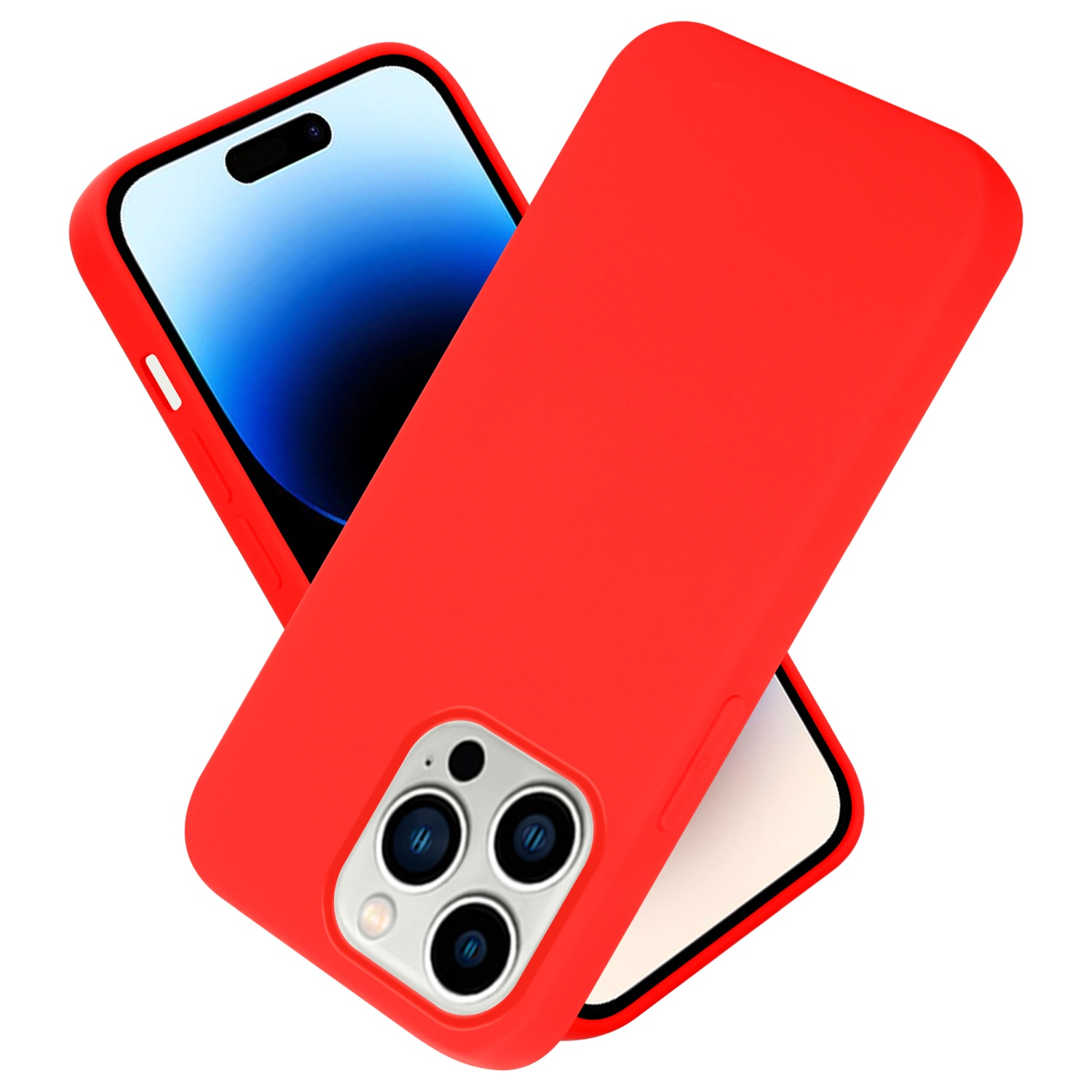 Rote Handyhülle und Telefon mit blauem Bildschirm. Die Hülle bedeckt die Rückseite.