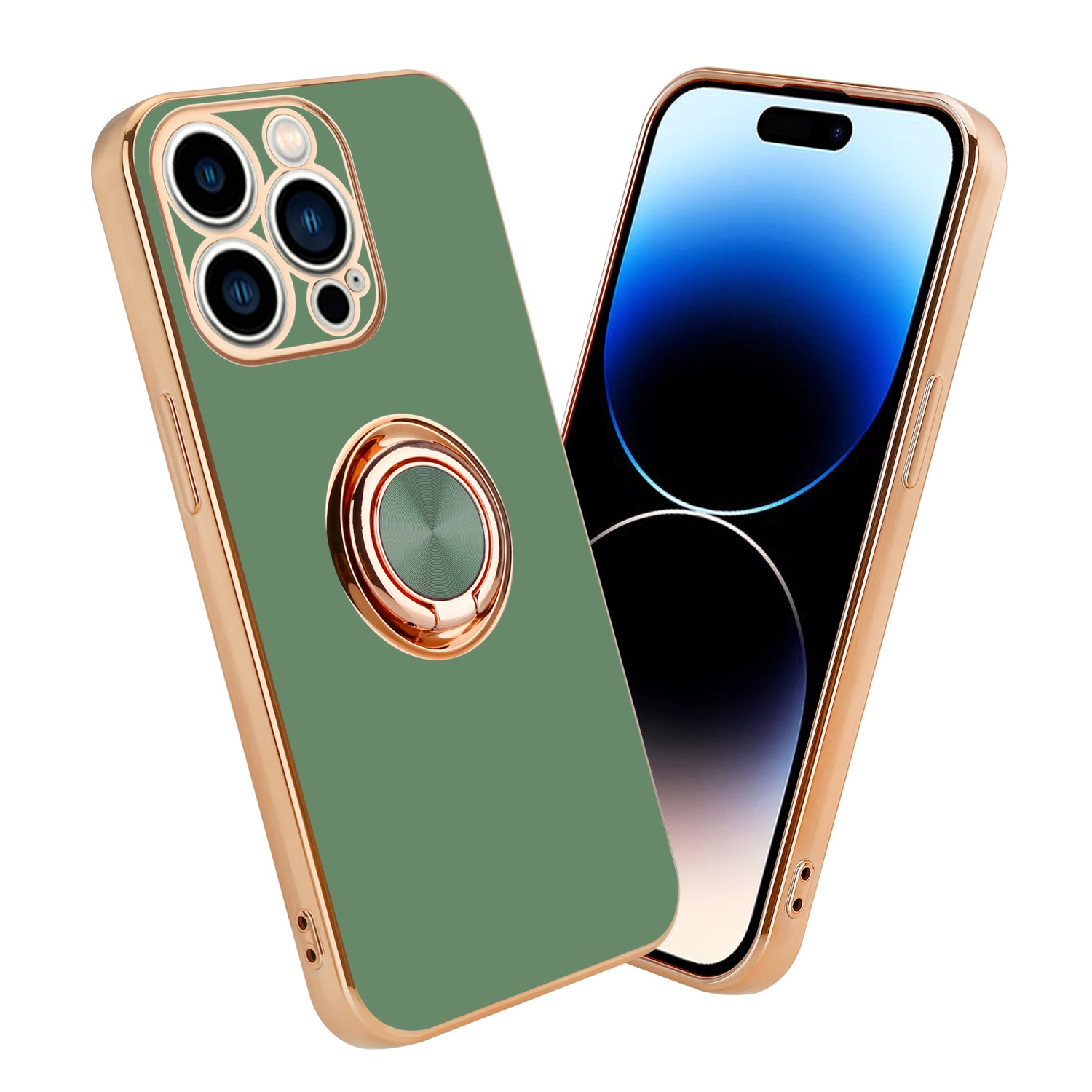 Grüne und goldene Handyhülle mit drei Kameras und Ringhalter. Ein Telefon mit blauem Bildschirm wird daneben angezeigt.
