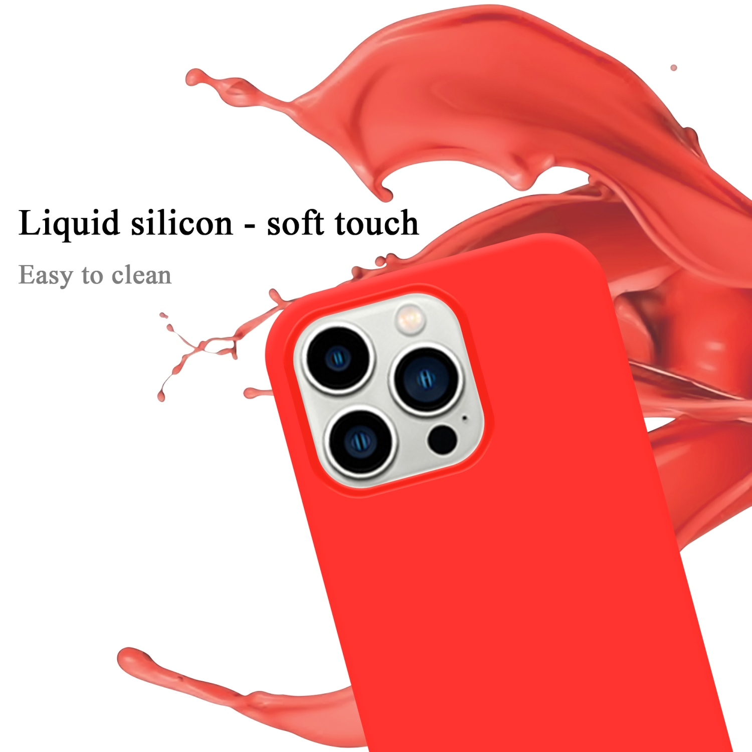 Rote Handyhülle mit Spritzeffekt. Text: Flüssiges Silikon-Soft-Touch und leicht zu reinigen.