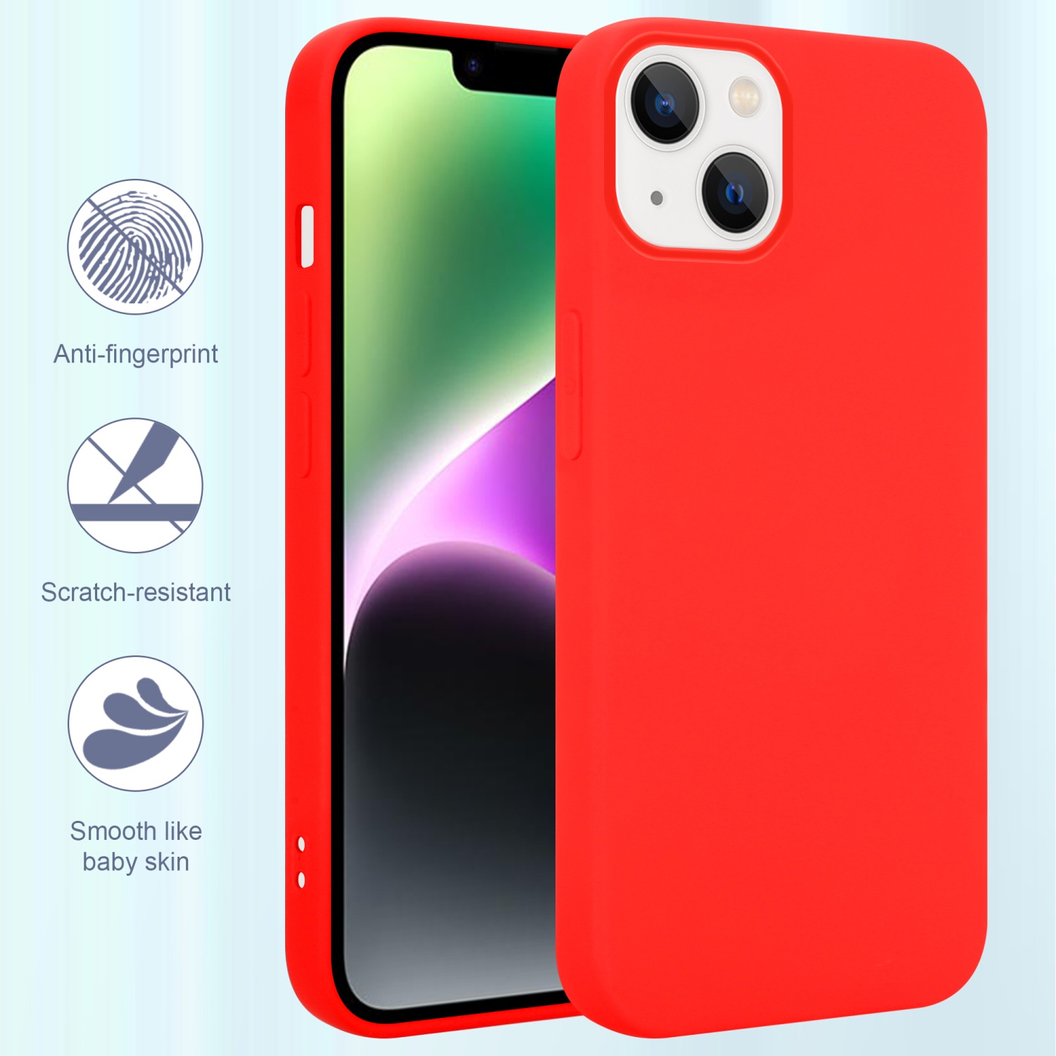 Rote Handyhülle mit Telefon. Icons für Anti-Fingerabdruck, kratzfest, und glatte Haut.