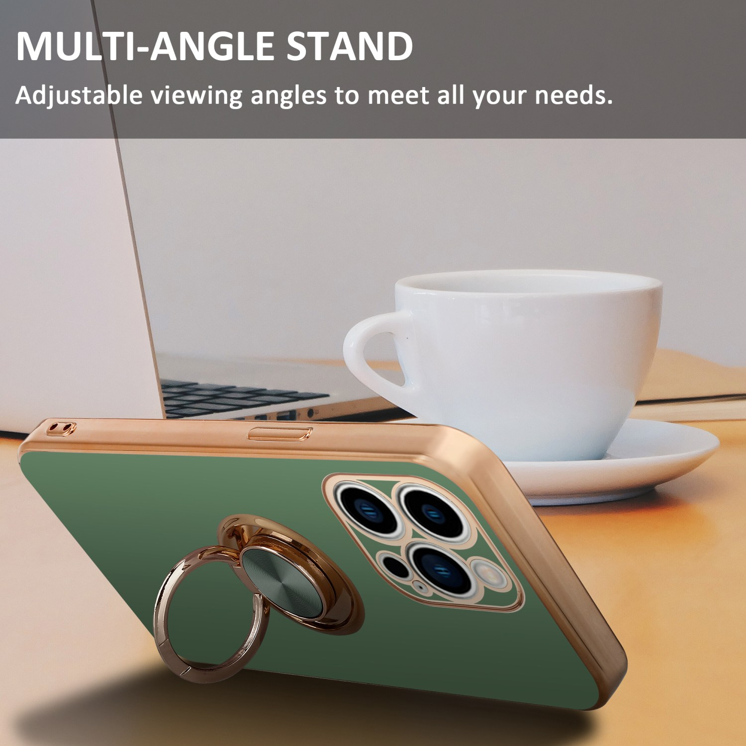Grüne Handyhülle mit Ringständer. Tasse, Laptop und Untertasse auf dem Tisch.