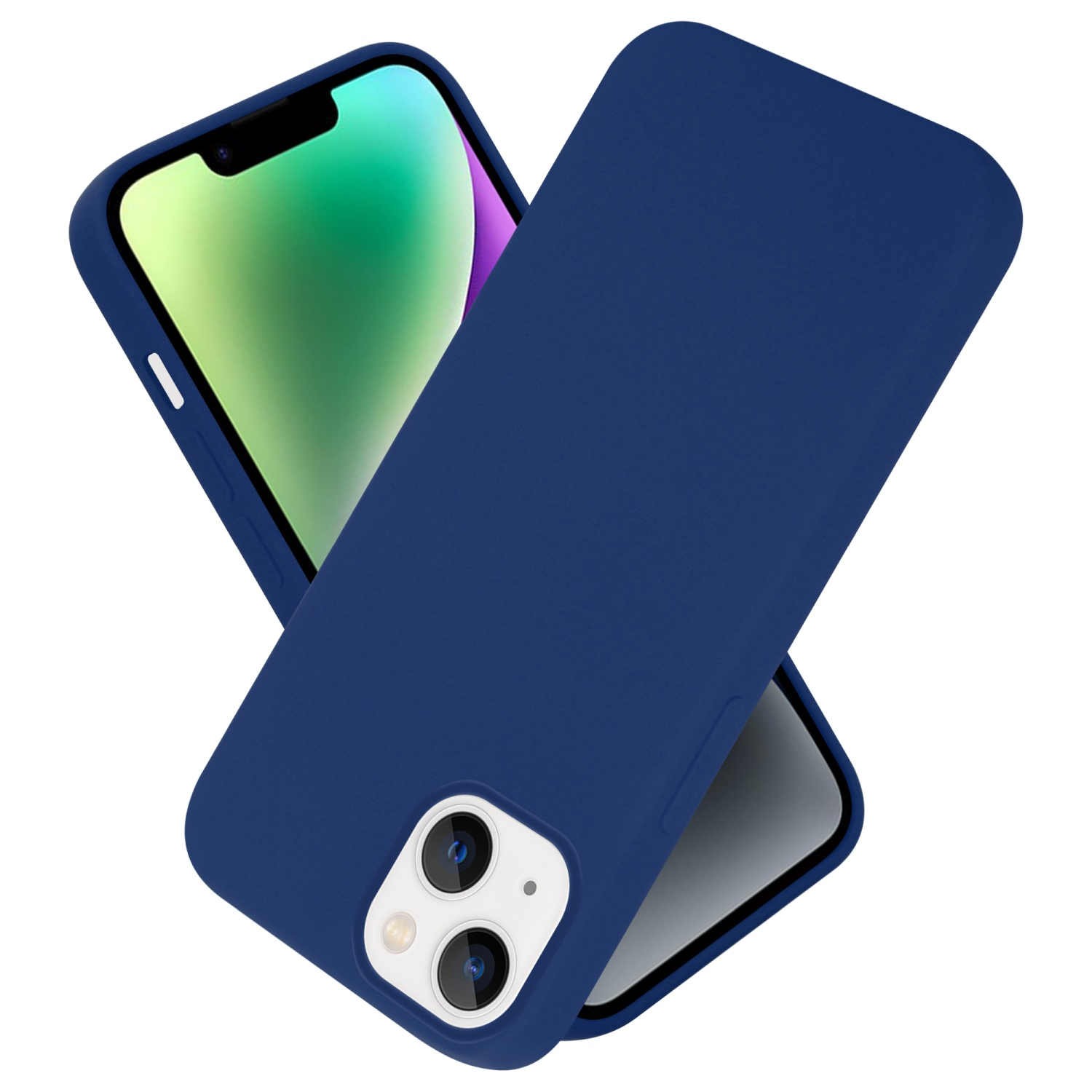 Blaue Handyhülle mit Telefon. Telefon eingesetzt, Kamera sichtbar, Farbe Blau.
