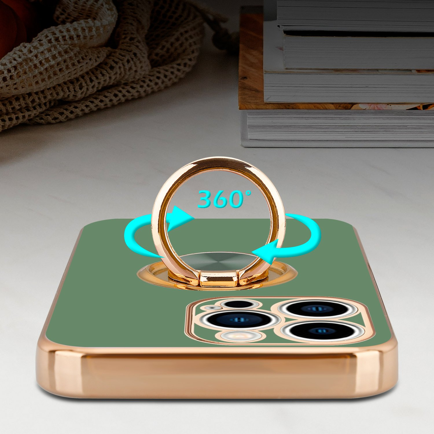 Grüne Handyhülle mit goldenem Ringhalter. Blaue Pfeile zeigen eine 360-Grad-Drehung.
