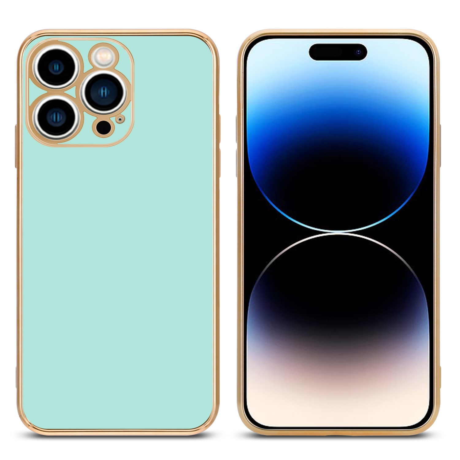 Eine Handyhülle mit hellgrüner Rückseite und einem Telefon, das einen blauen Farbverlauf zeigt.