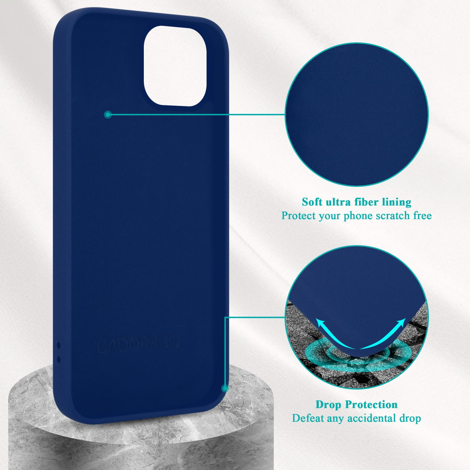 Eine marineblaue Handyhülle mit Details. Nahaufnahmen des Futters und des Fallschutzes werden gezeigt.