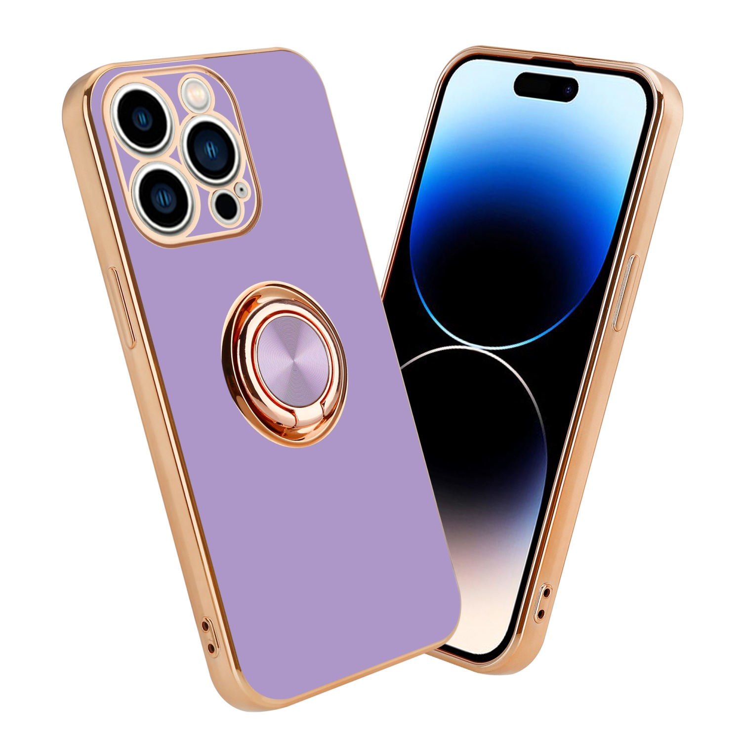 Lila Handyhülle mit goldenem Ringhalter. Telefon rechts hat blaues Display.