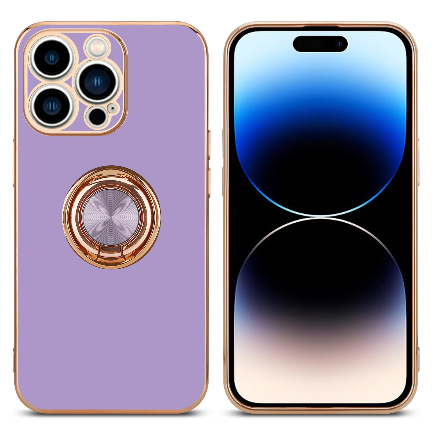 Zwei Telefone, eines lila mit Ringhalterung und das andere mit blauem Bildschirm.