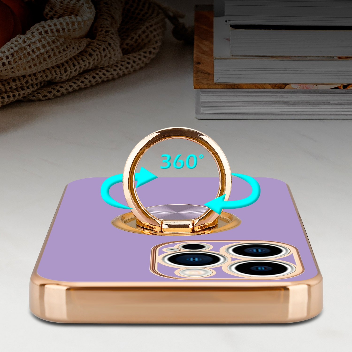CADORABO Hülle mit Kameraschutz iPhone Hell und Backcover, Lila Glossy Apple, - Autohalterung, 14 magnetischer PRO, Gold