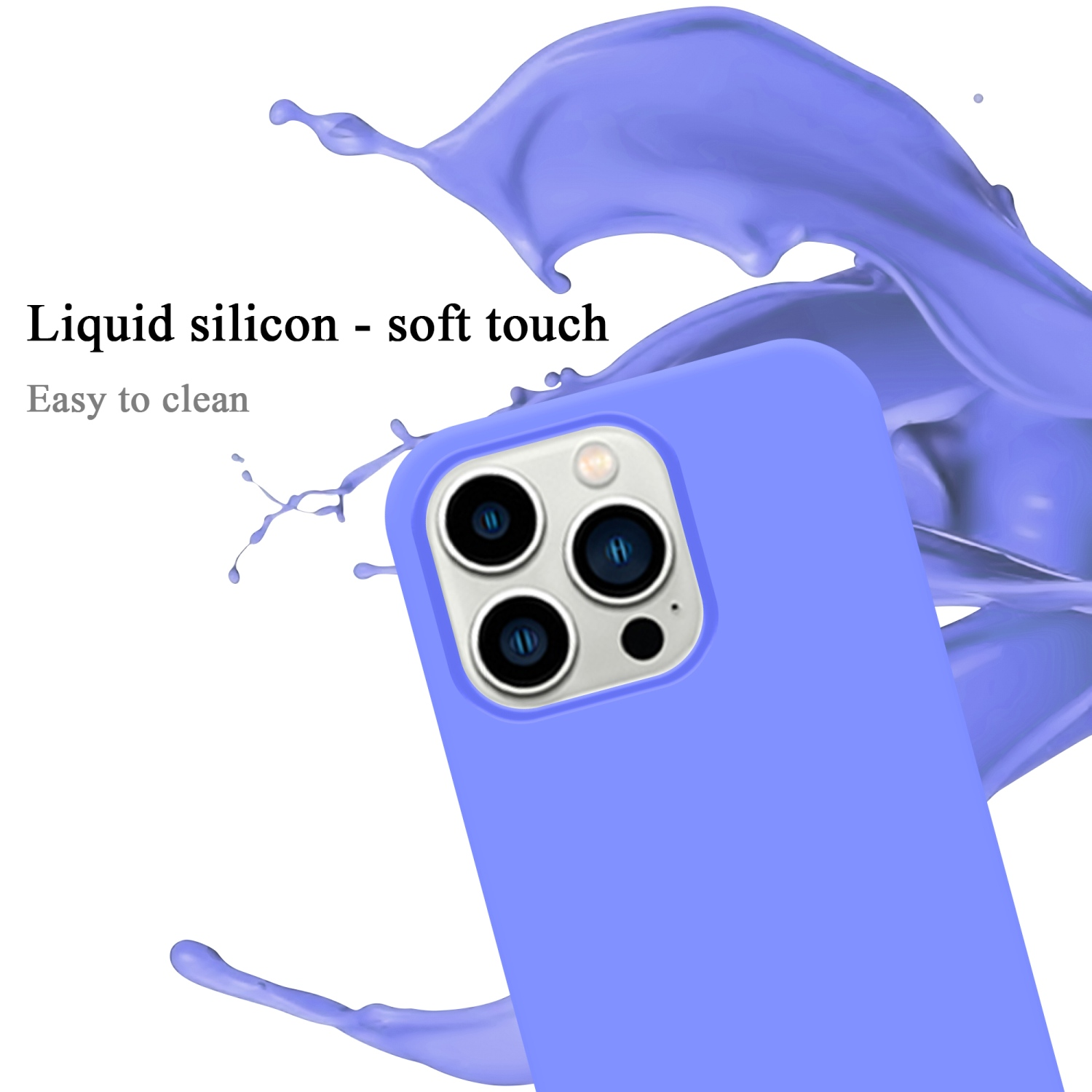 Lila Handyhülle, Nahaufnahme. Flüssiges Silikon - Soft-Touch. Text: 'Easy to clean'. Blaue Farbspritzer.