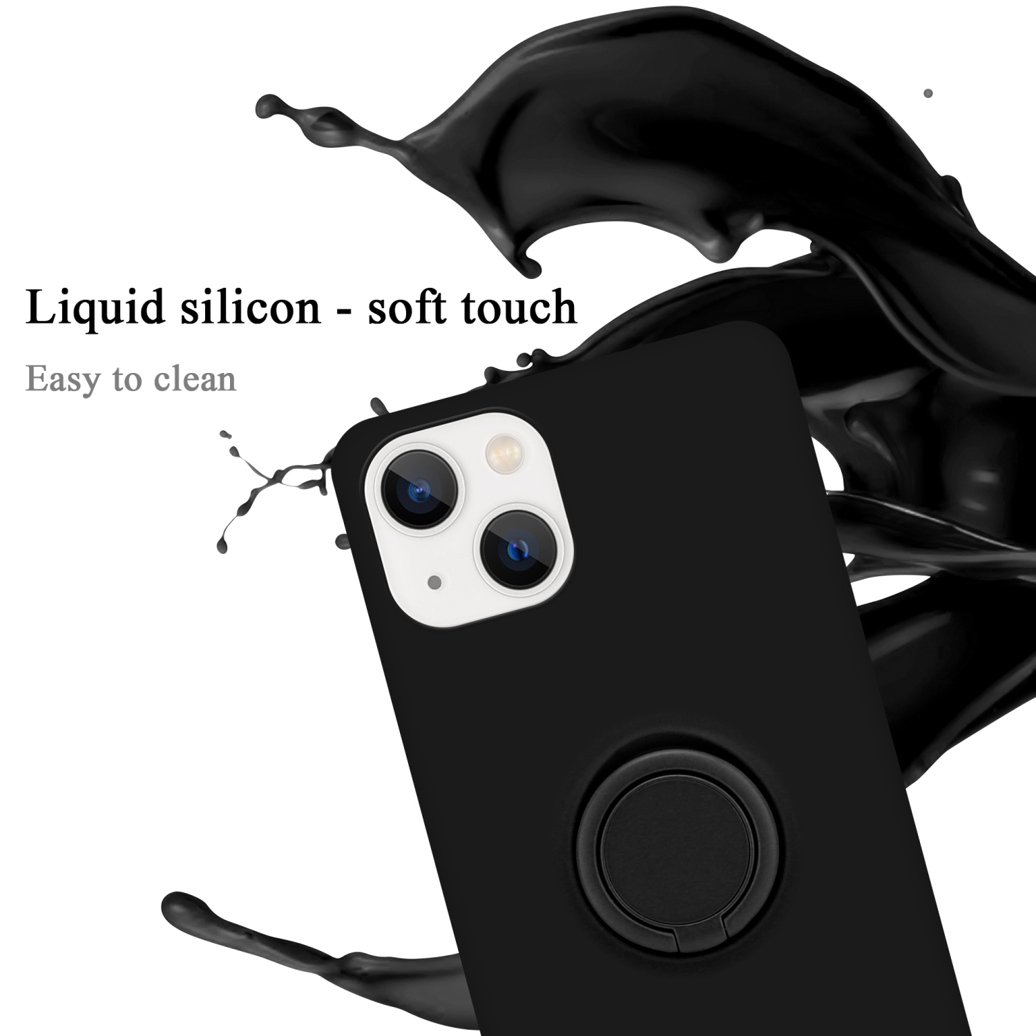 Eine schwarze Handyhülle mit einem Telefon darin. Schwarzer Farbspritzer im Hintergrund.