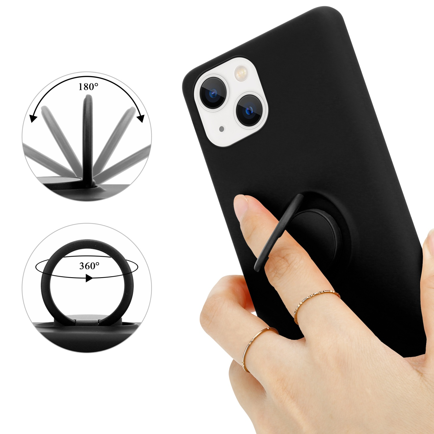 Ein schwarzes Telefon mit einem Ringhalter, der eine 180- und 360-Grad-Drehung zeigt.