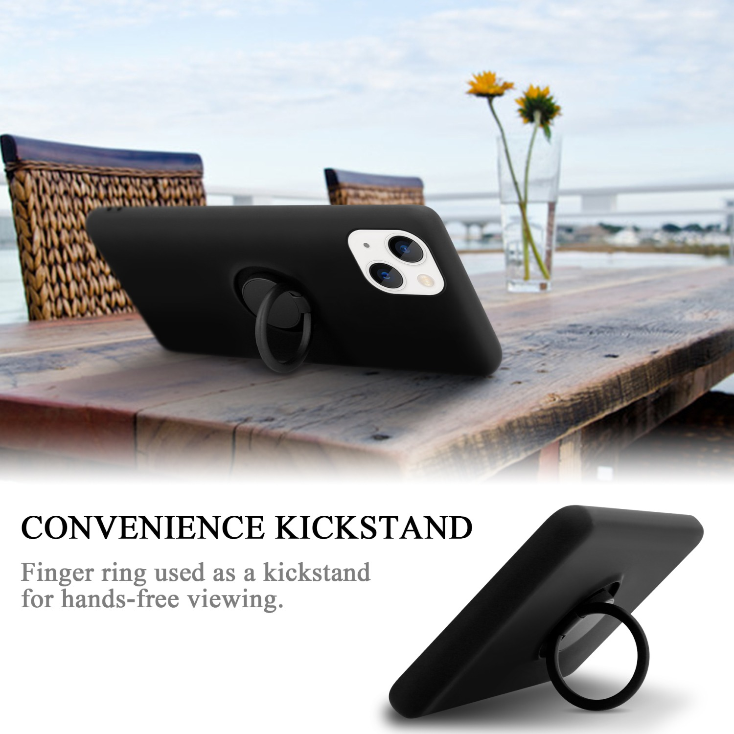 Schwarze Handyhülle mit Ständerring. Tisch und Hintergrund sichtbar. Text 'Convenience Kickstand'.