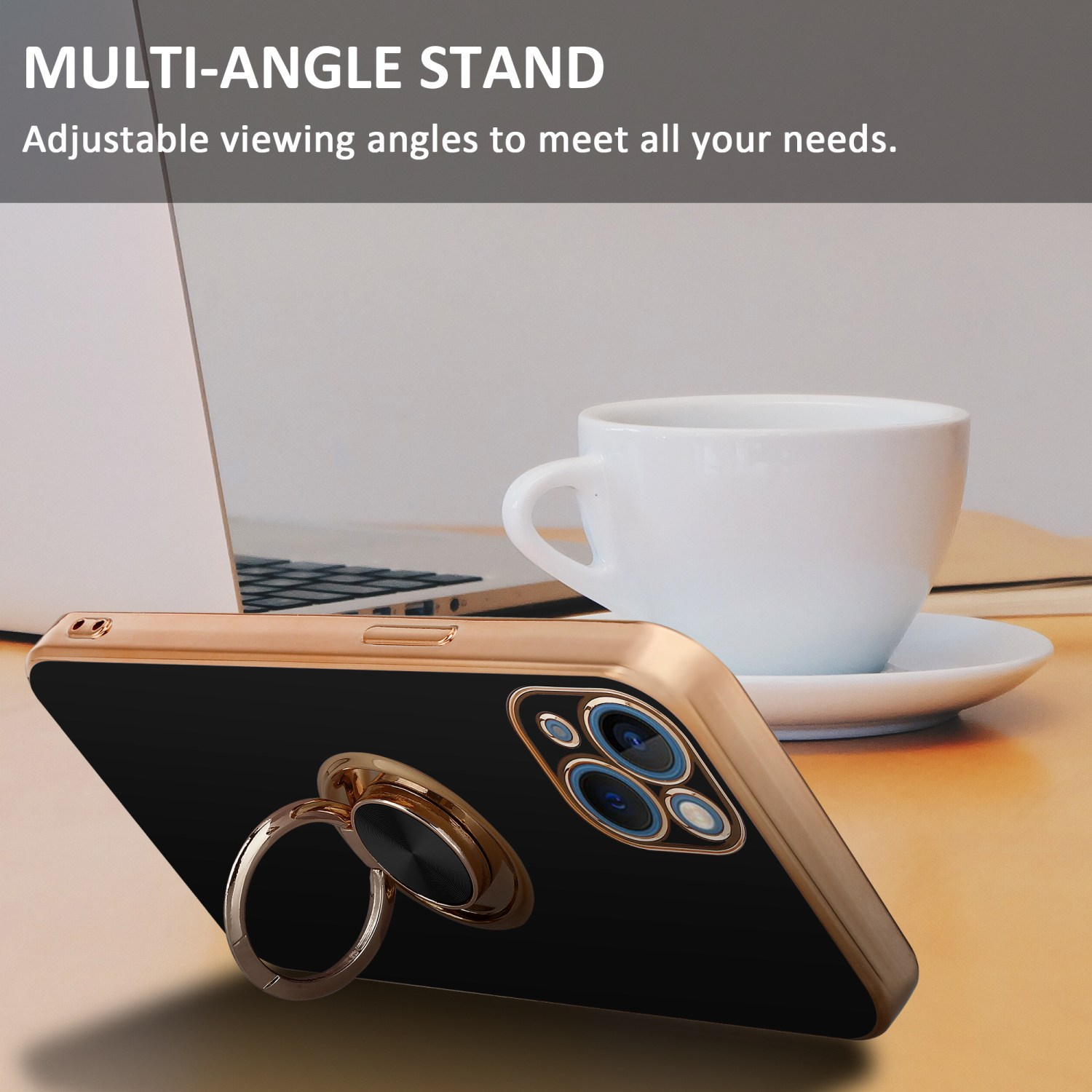 Ein Telefon in einer gold-schwarzen Hülle auf einem Tisch. Text: Multi-Winkel-Ständer. Kaffeetasse & Laptop.