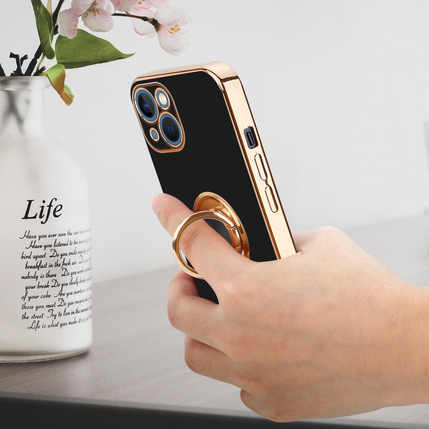 iPhone Glossy Gold 14 Schwarz PLUS, mit und magnetischer Backcover, Hülle Autohalterung, CADORABO Kameraschutz - Apple,