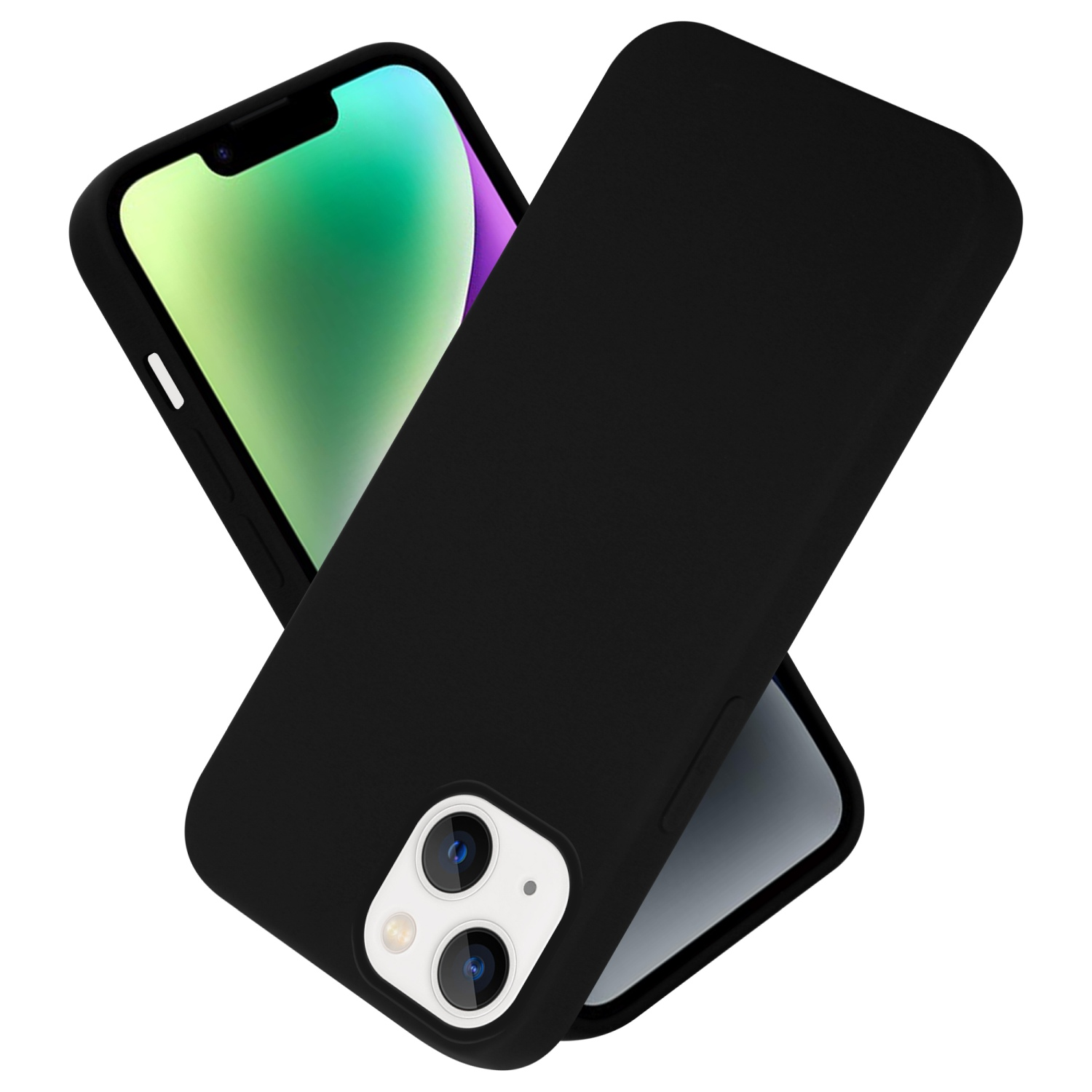 Schwarze Handyhülle mit Telefon. Der Bildschirm ist sichtbar. Die Rückseite ist schlicht schwarz.
