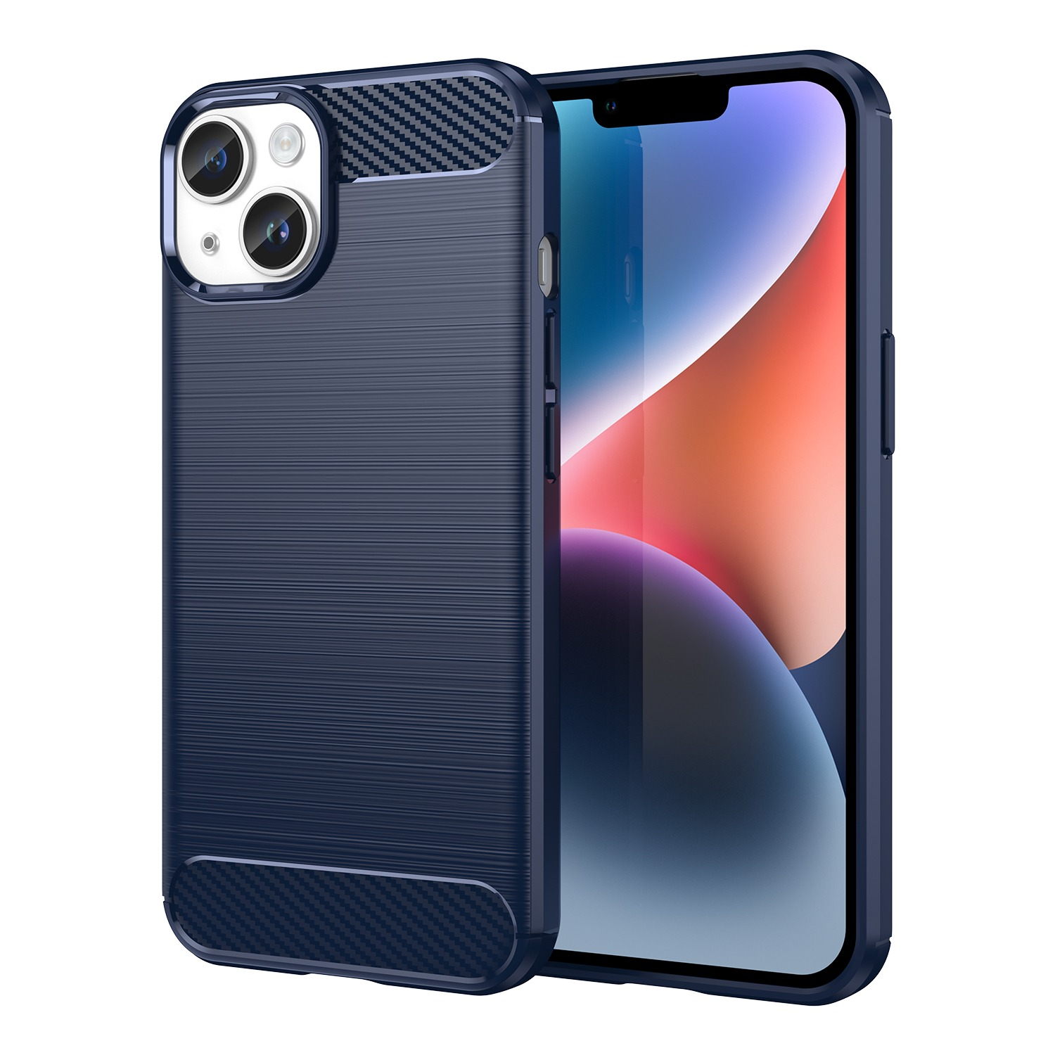 Blaue Handyhülle und Handy. Hülle hat Carbonfaser-Textur. Handy hat Kamera und schwarzen Bildschirm.