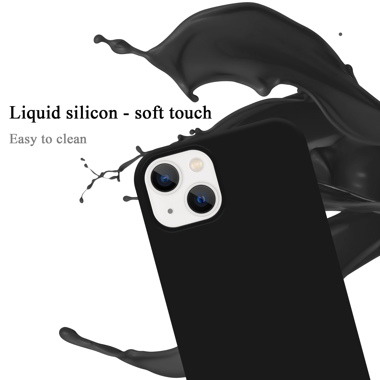 Schwarze Handyhülle mit Flüssigsilikon und Soft-Touch-Eigenschaften. Tintenspritzer dahinter.